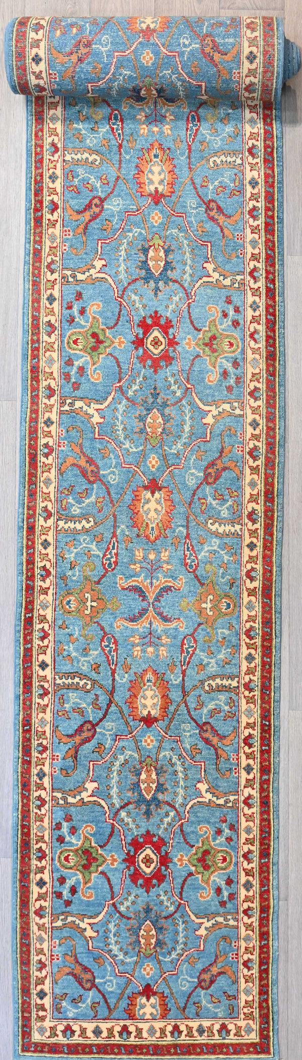 Extra Long Handknotted Pure Wool Vegetable Dye Afghan Chobi Runner w/ Blue and Red Tones (H771 x W77)
