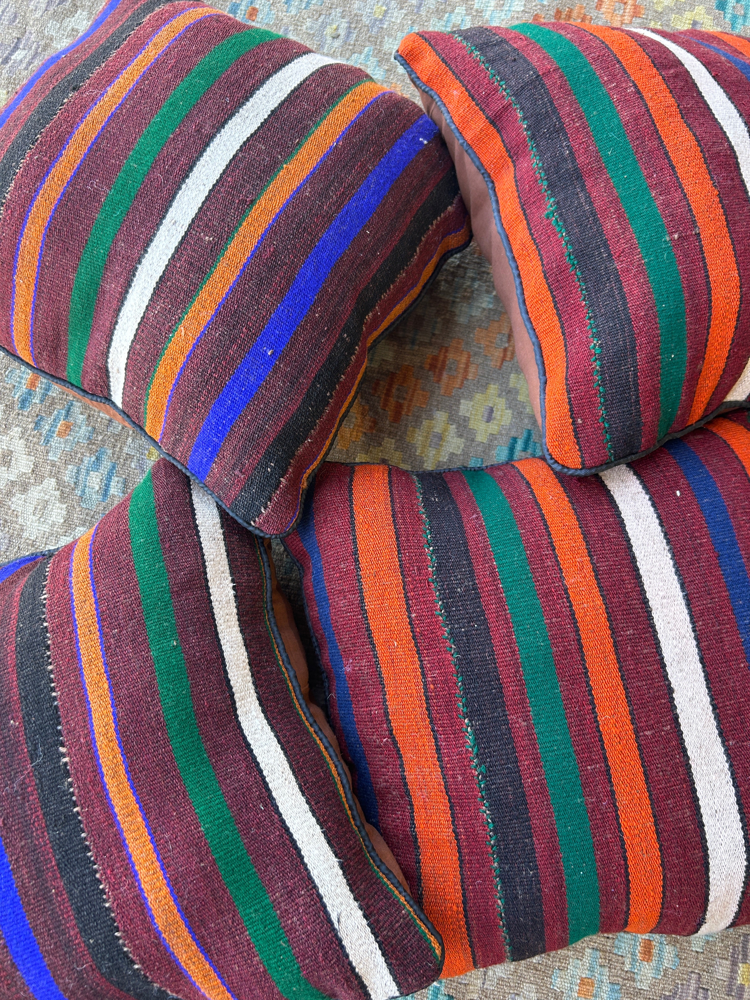 Dark Striped Persian Wool Kilim Cushions - 4 Pieces