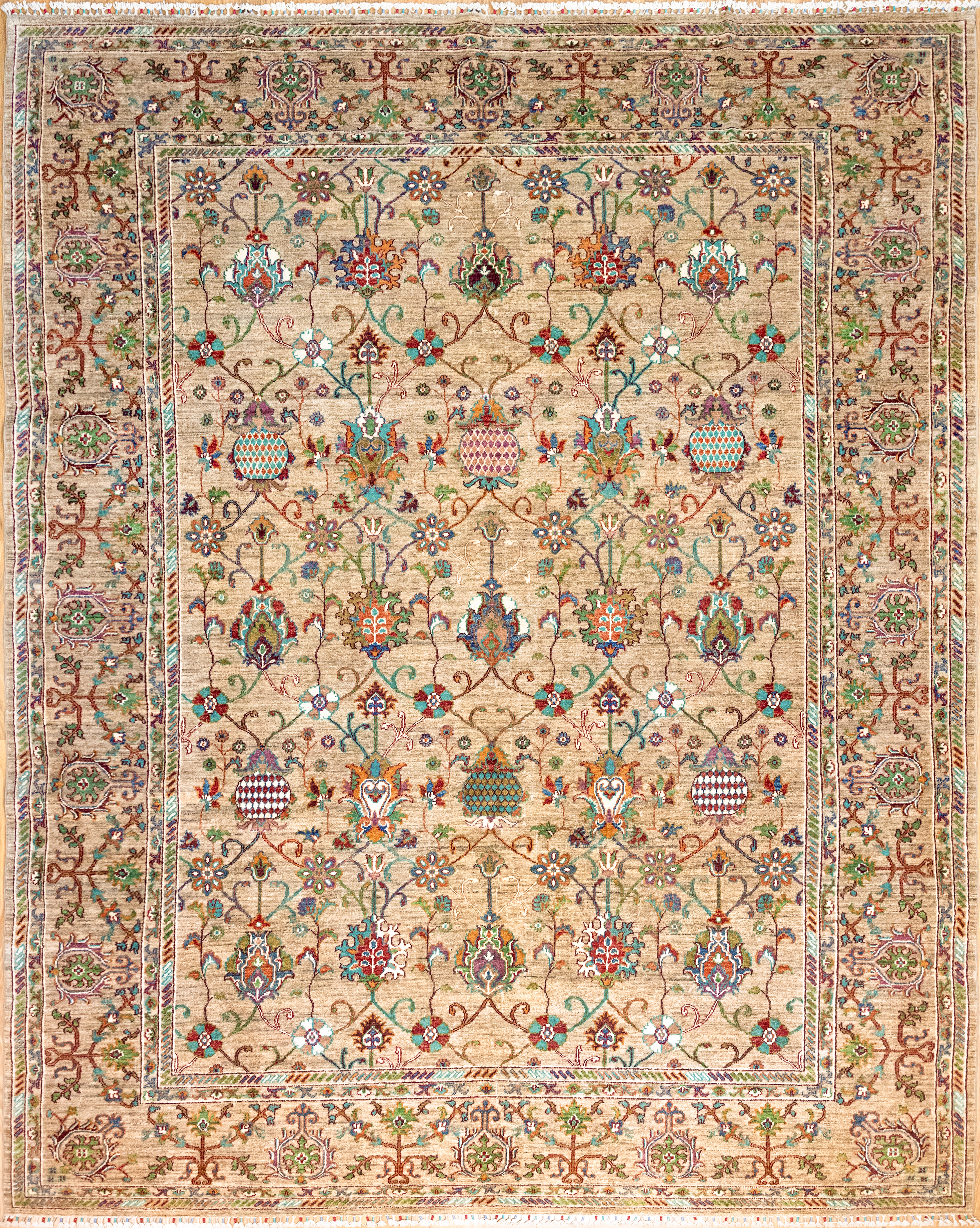 Taupe Green Afghan Chobi Wool Rug 393cm x 300cm