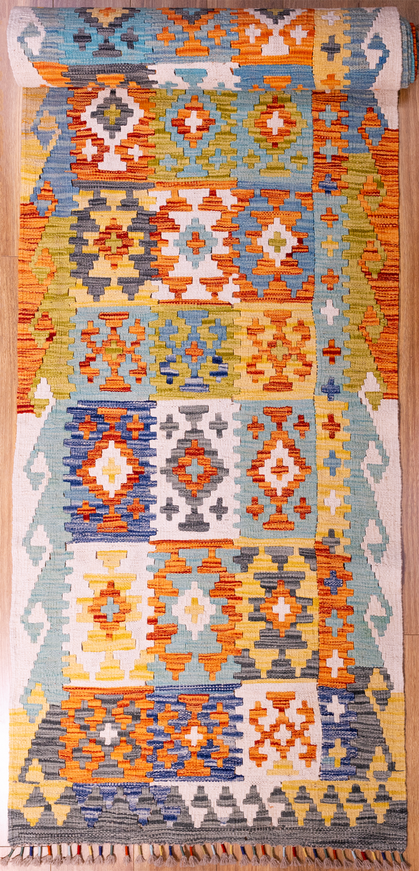 Authentic Hand knotted&nbsp; XL Multicolour Afghan Boho Kilim Wool Runner 468cm x 81cm
Kilims are a flatweave runner used for over a millennium in Tribal areas of Central Asia &amp; Anatolia. Historically used by nomads as floor covering, tent covering &amp; on horseback for its lightweight nature