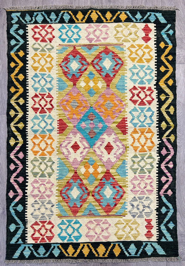 Black and Multicolour Veg Dye Boho Afghan Wool Kilim 167cm x 114cm