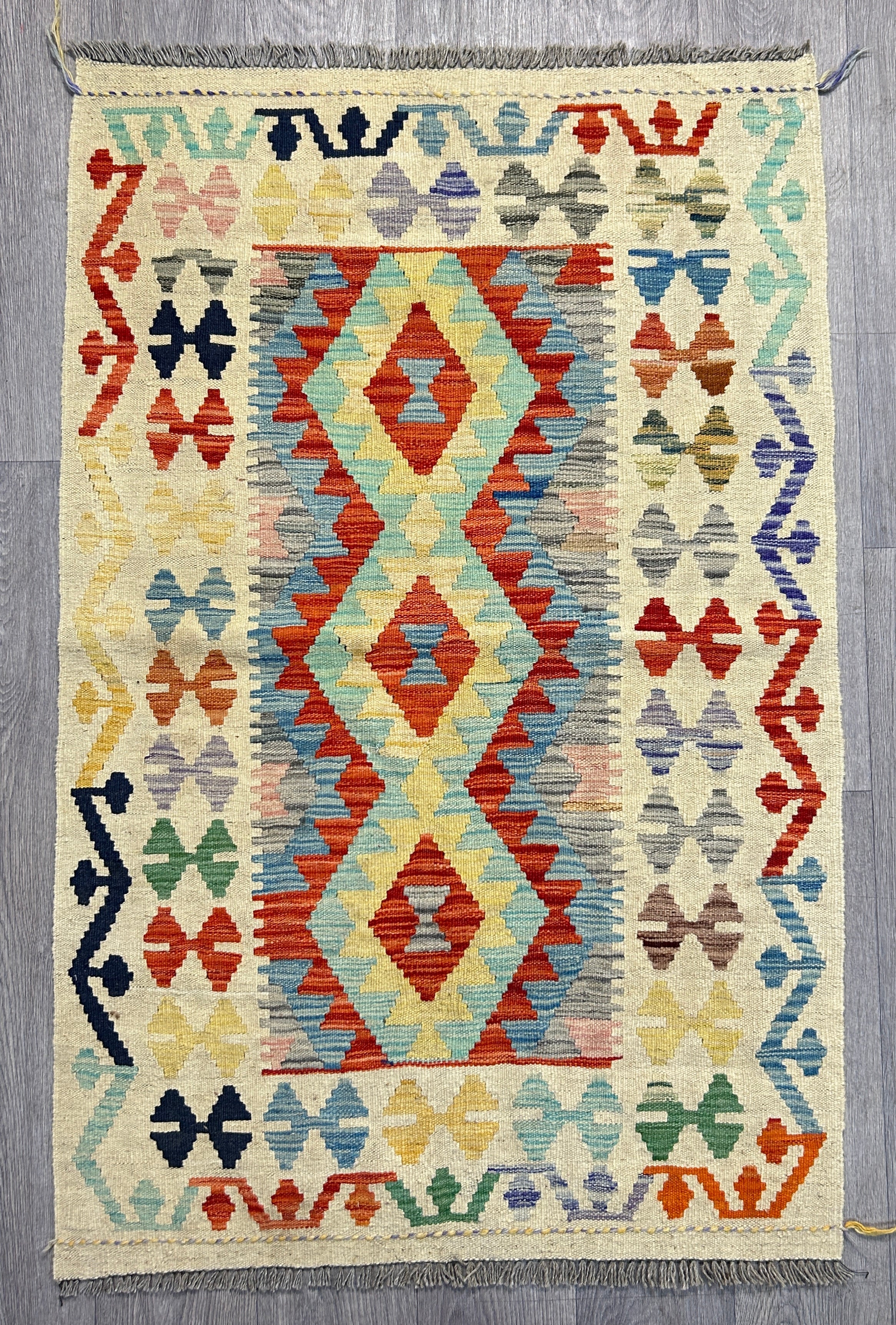 Multicolour Veg Dye Boho Afghan Wool Kilim 155cm x 100cm