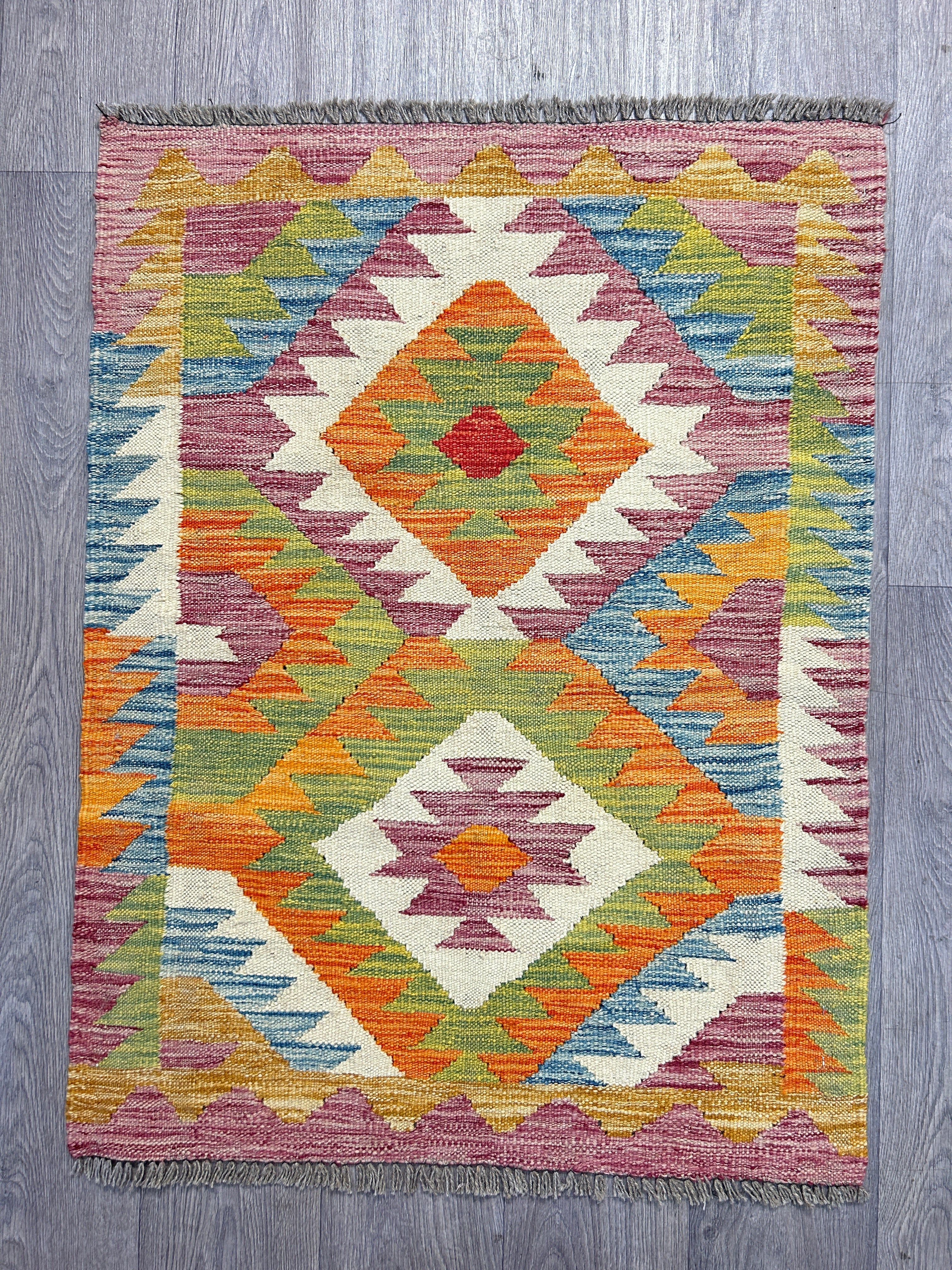 Boho Veg Dye Afghan Kilim Wool Rug  115cm x 86cm