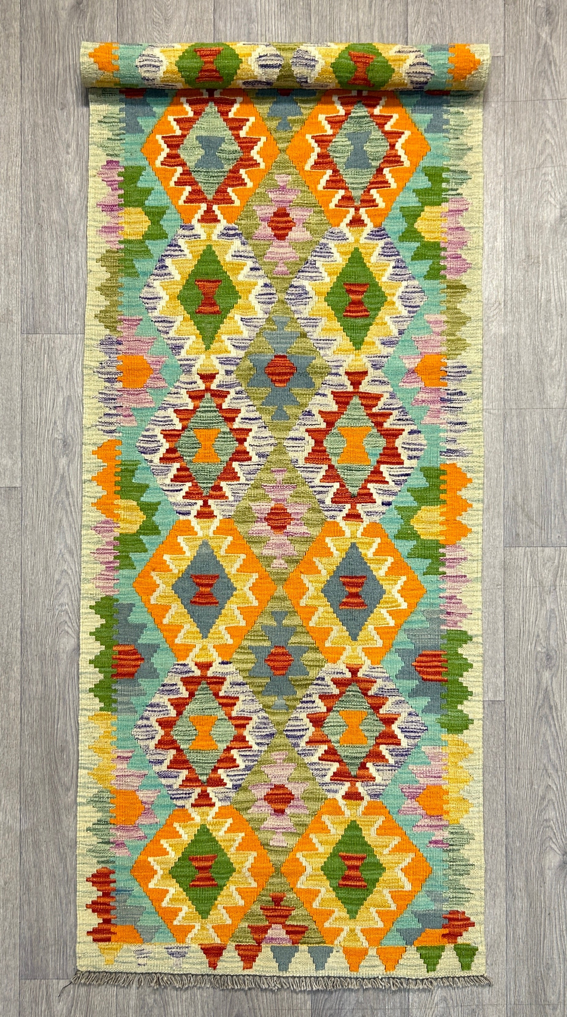 Boho Veg Dye Afghan Kilim Wool Runner 248cm x 83cm