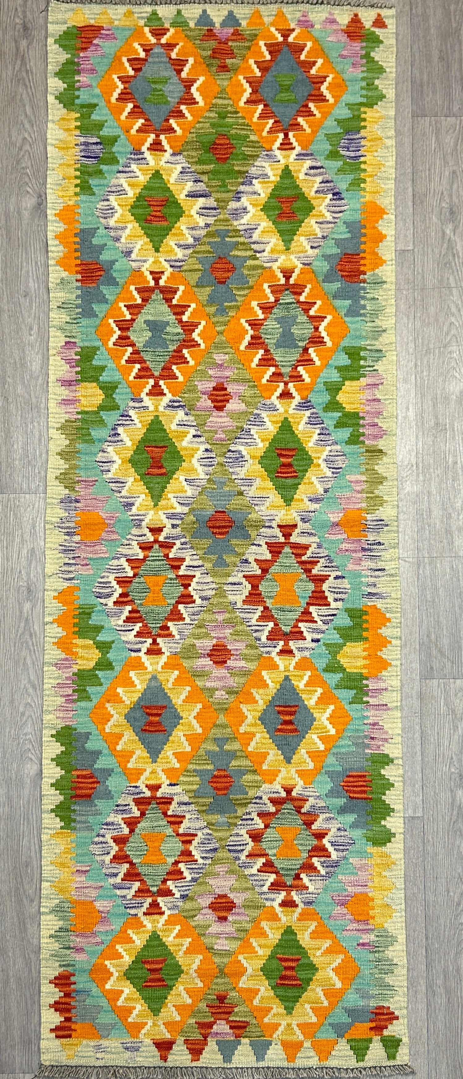 Boho Veg Dye Afghan Kilim Wool Runner 248cm x 83cm