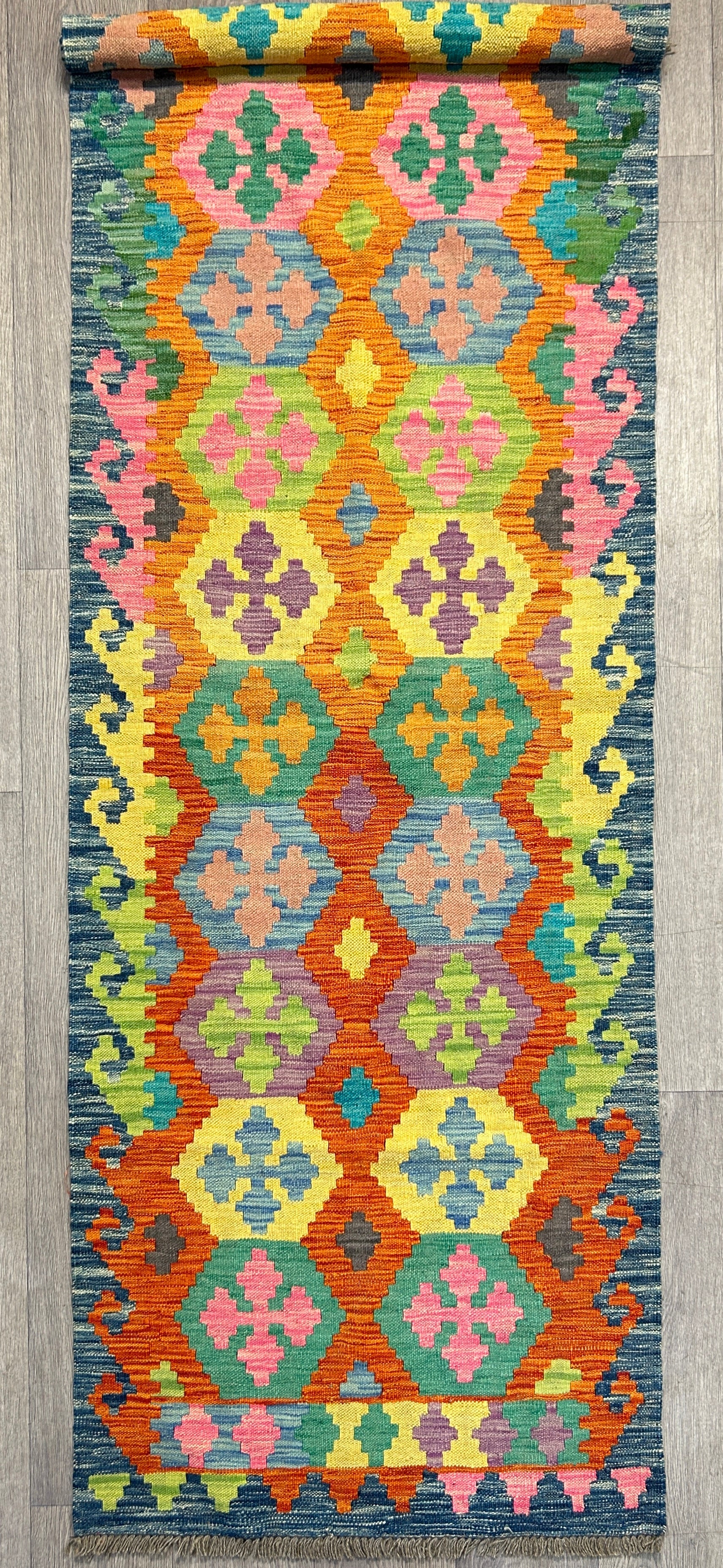 Multicolour Veg Dye Boho Afghan Wool Kilim Runner 245cm x 82cm