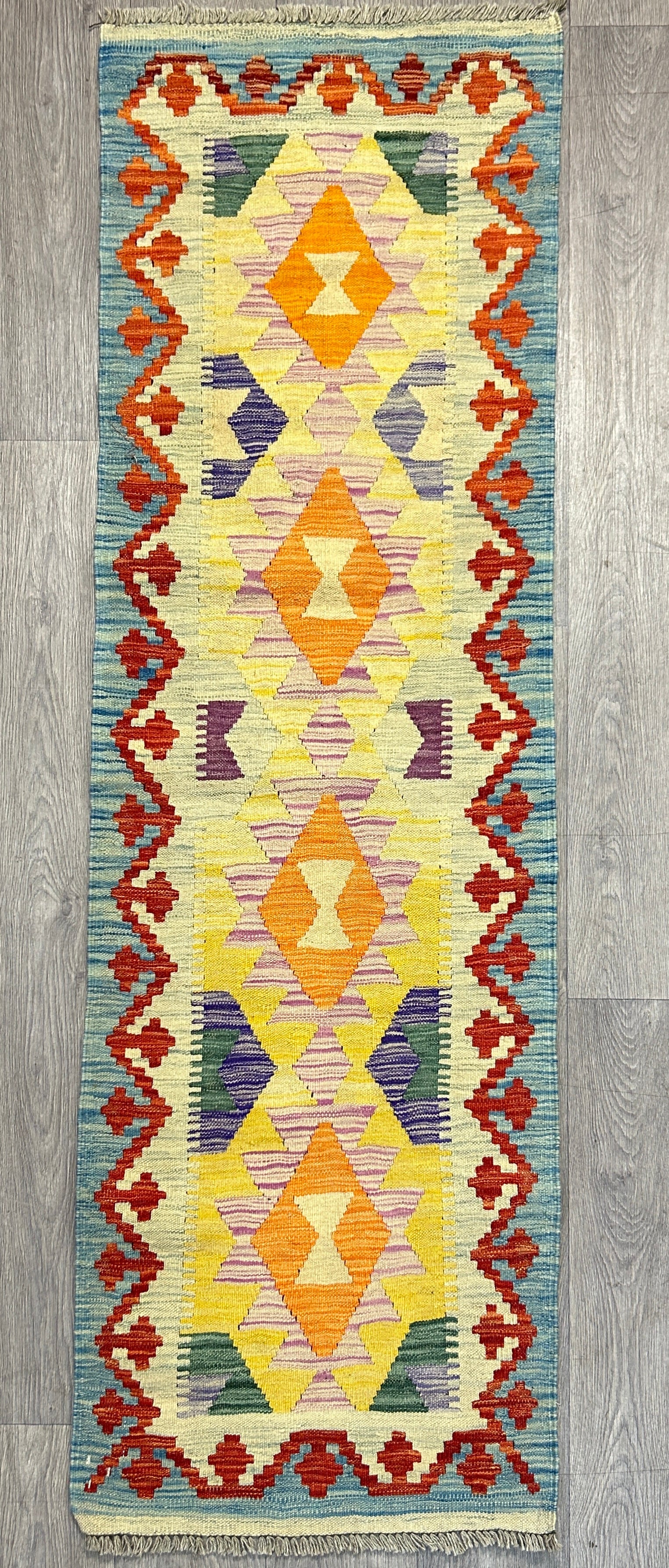 Multicolour Veg Dye Boho Afghan Wool Kilim Runner 206cm x 63cm