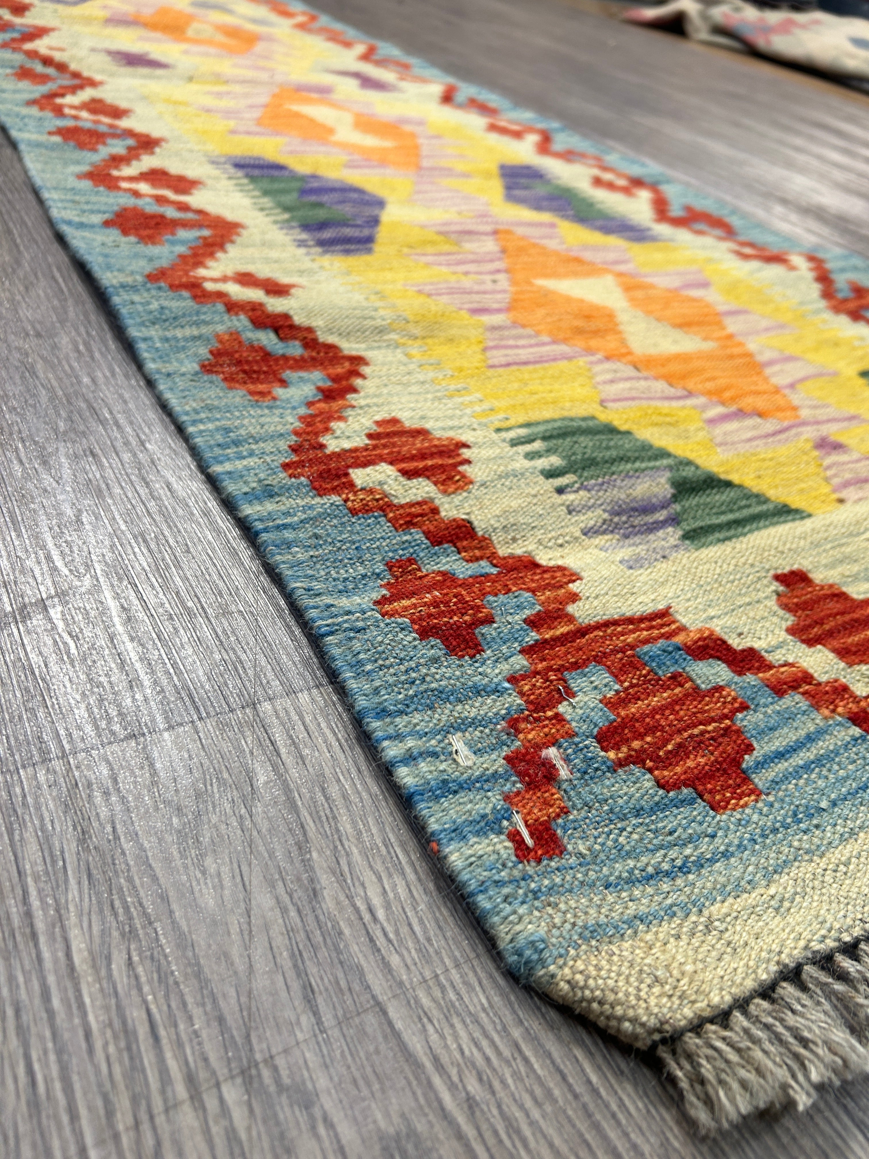 Multicolour Veg Dye Boho Afghan Wool Kilim Runner 206cm x 63cm