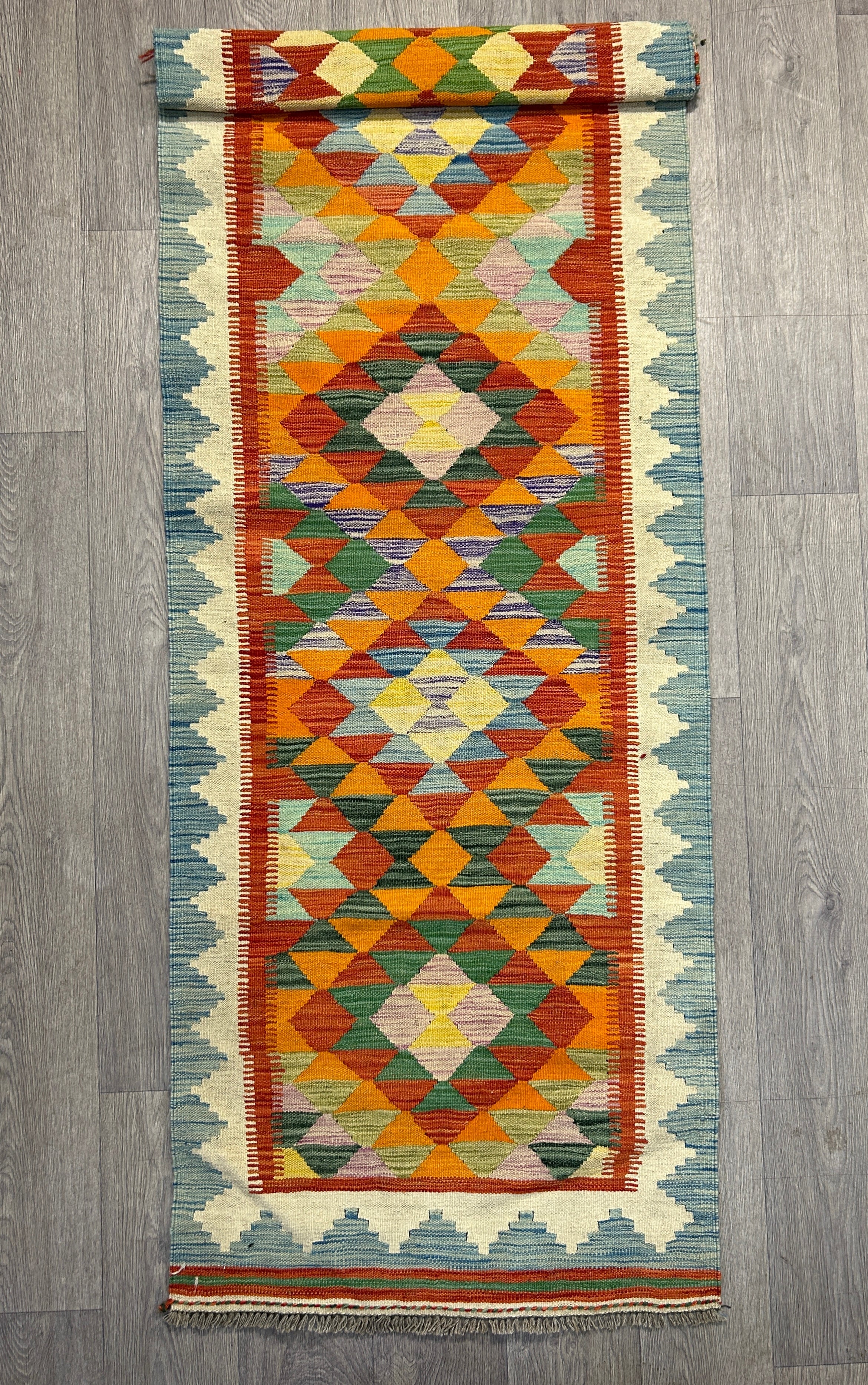 Multicolour Veg Dye Boho Afghan Wool Kilim Runner 245cm x 81cm K967