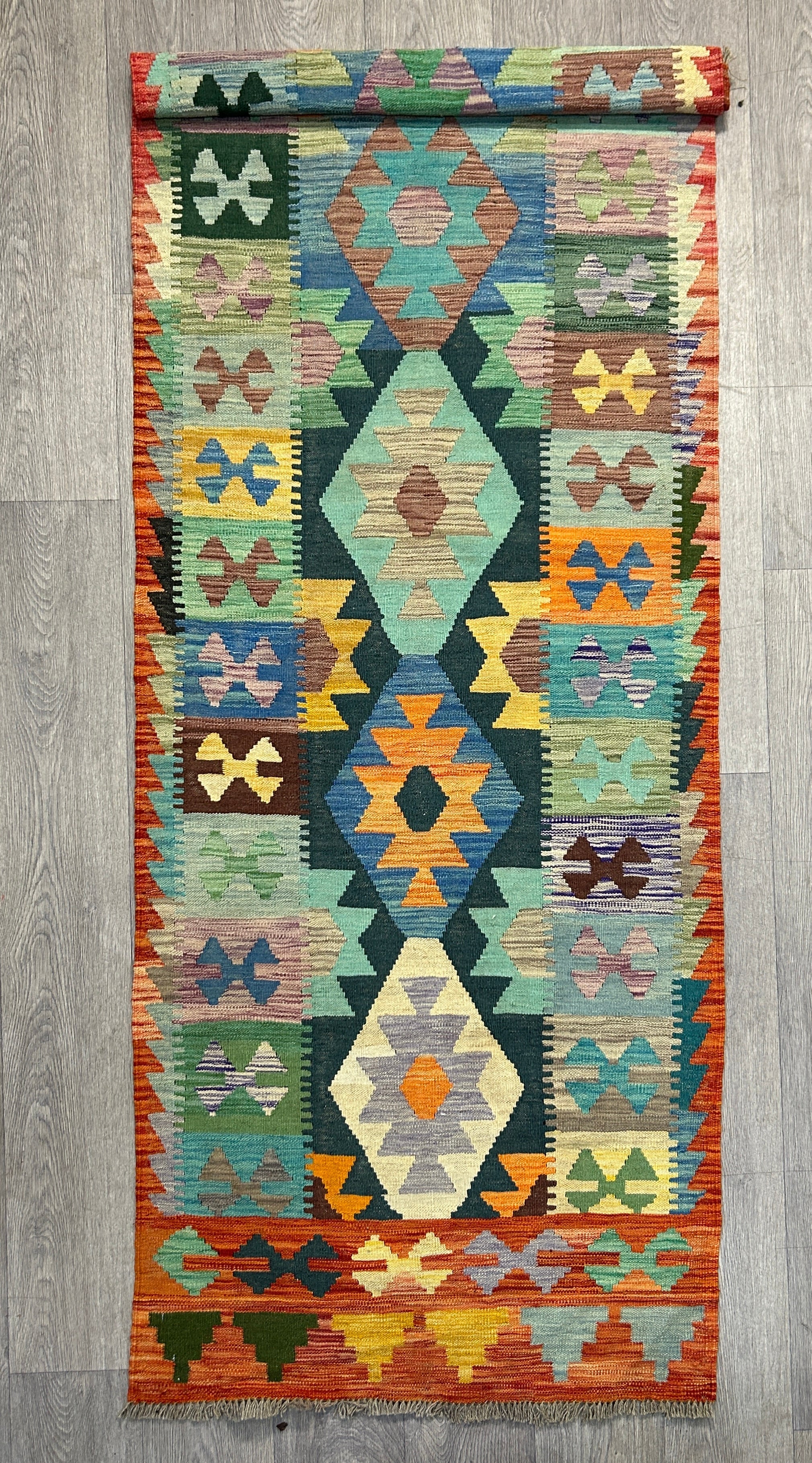 Multicolour Veg Dye Boho Afghan Wool Kilim Runner 253cm x 90cm