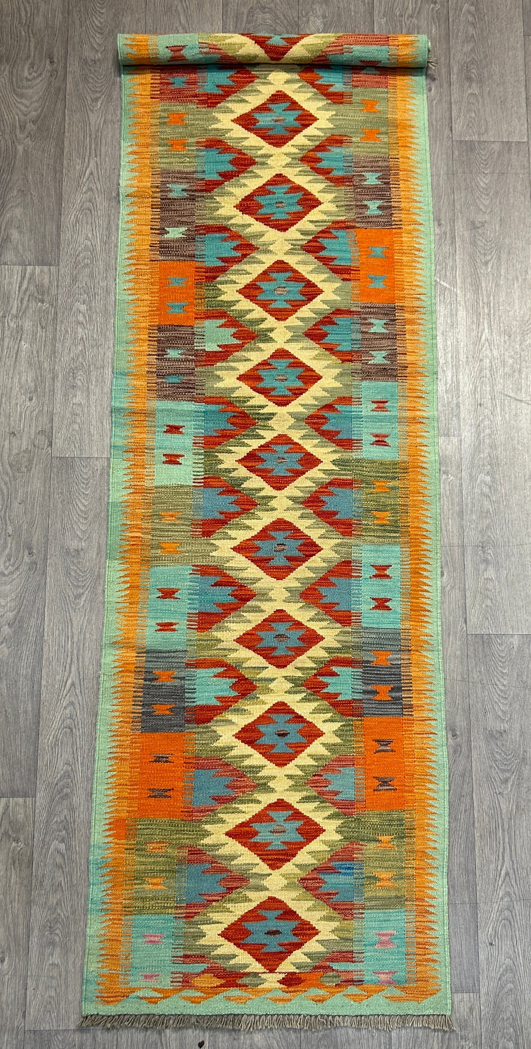 Multicolour Veg Dye Boho Afghan Wool Kilim 230cm x 81cm