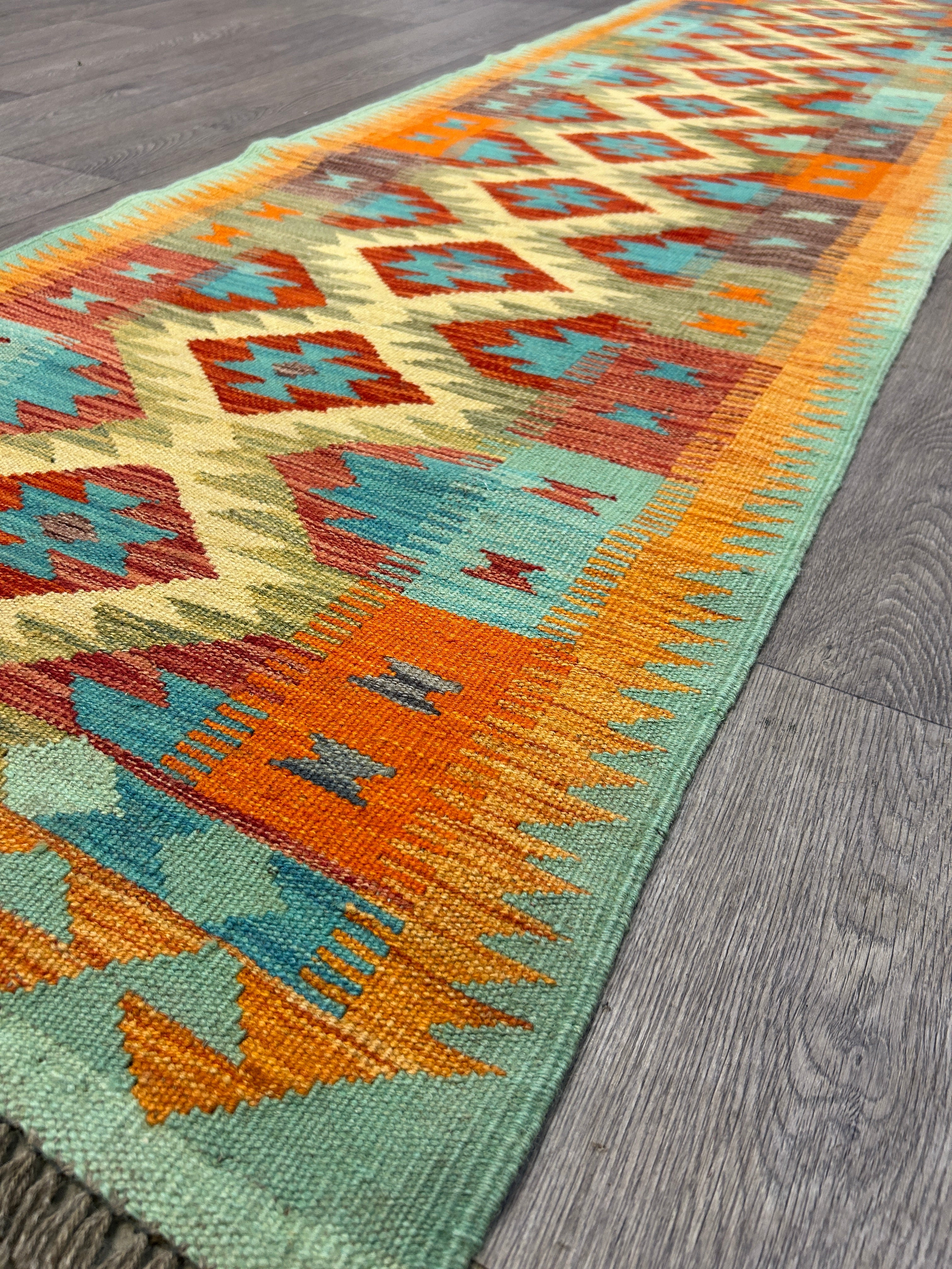 Multicolour Veg Dye Boho Afghan Wool Kilim 230cm x 81cm