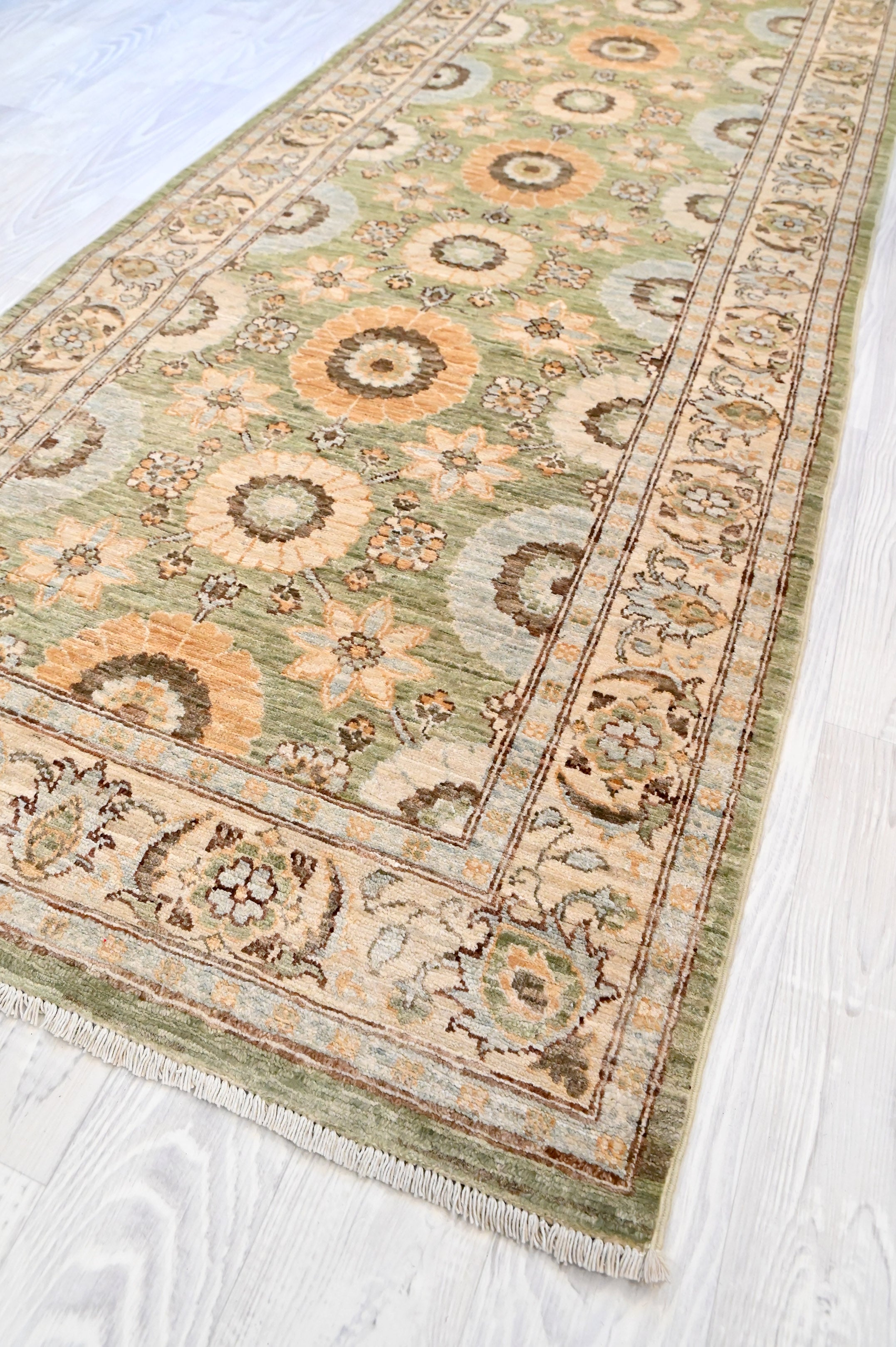 Green Afghan Chobi Wool Runner 309cm x 90cm