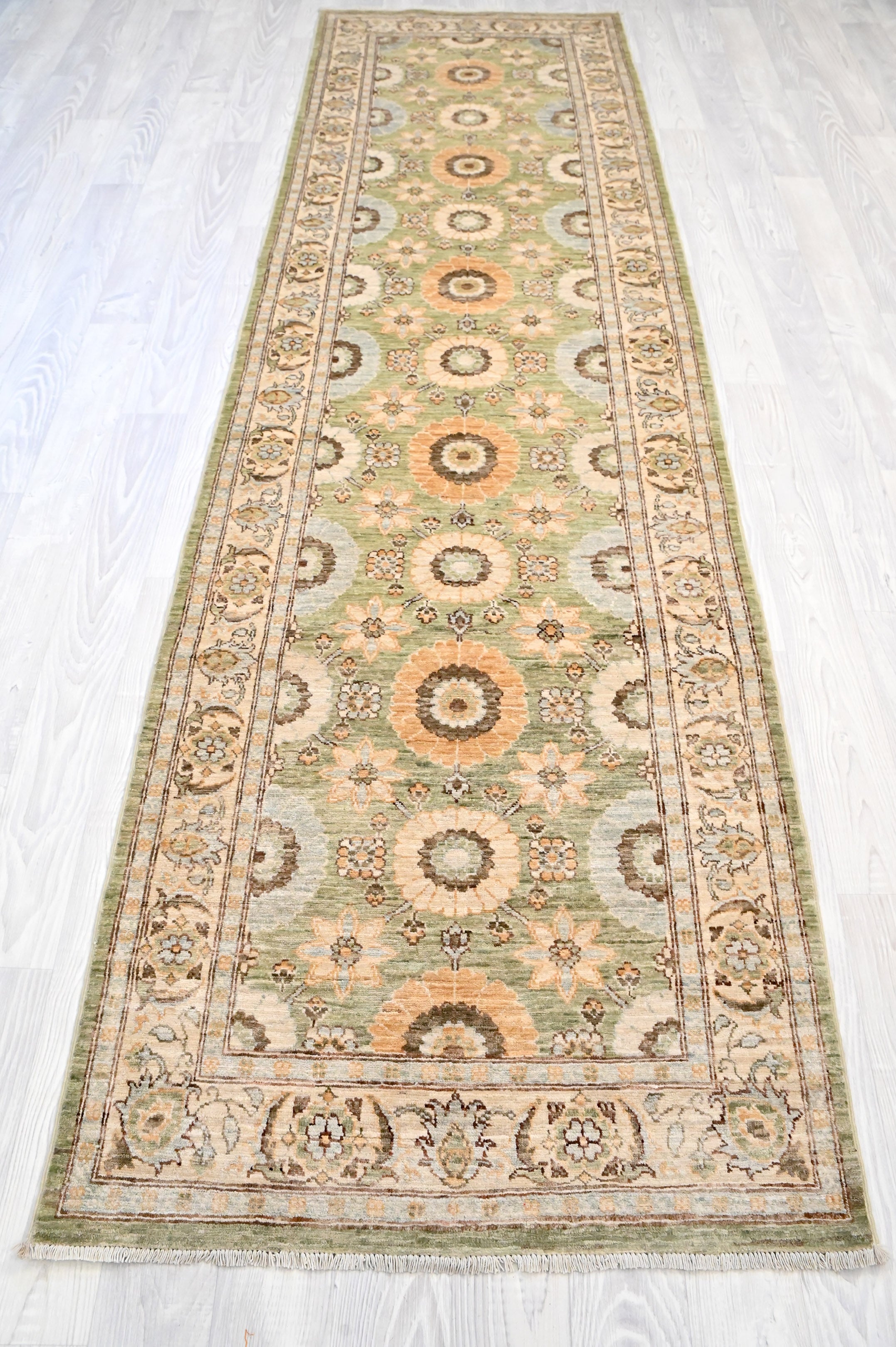 Green Afghan Chobi Wool Runner 309cm x 90cm