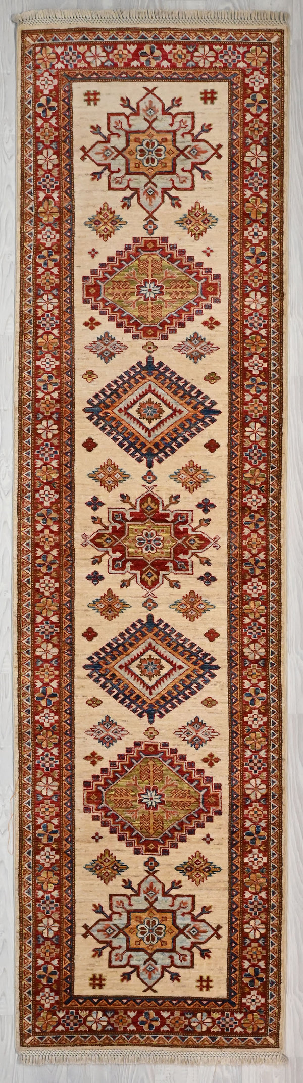 Cream Afghan Super Kazak Wool Runner 308cm x 78cm