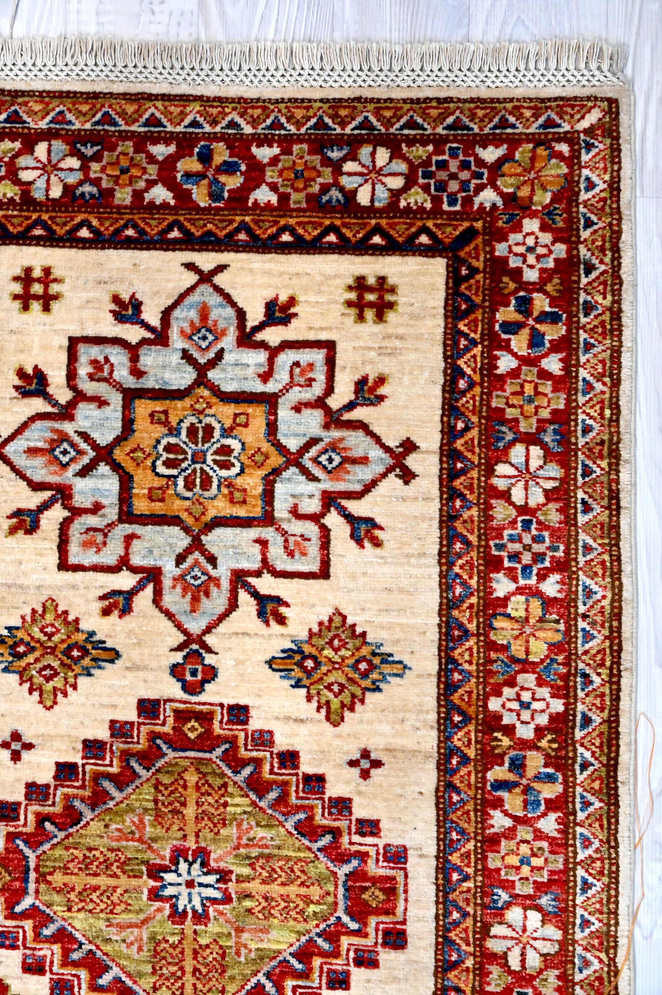 Cream Afghan Super Kazak Wool Runner 308cm x 78cm