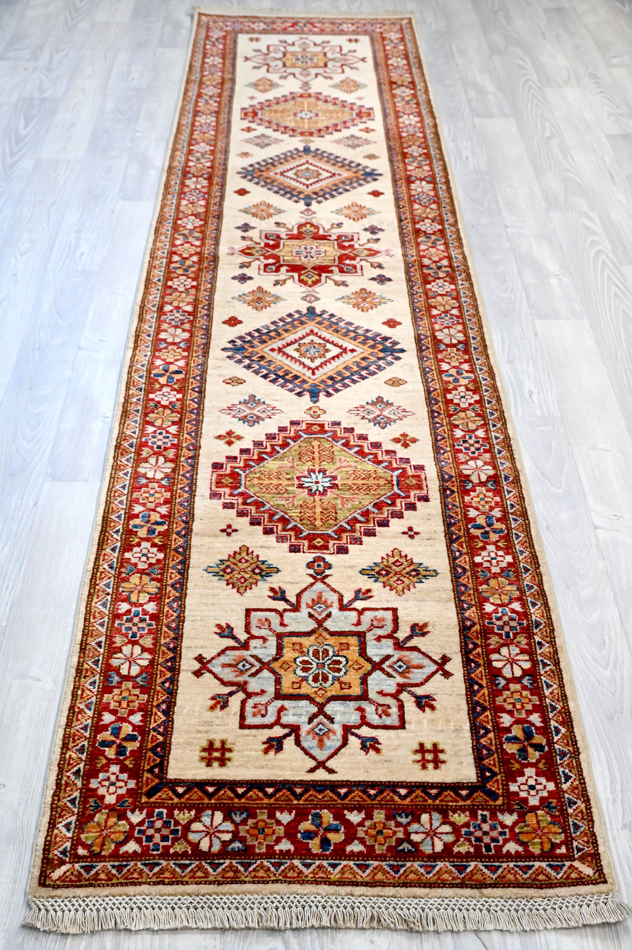 Cream Afghan Super Kazak Wool Runner 308cm x 78cm