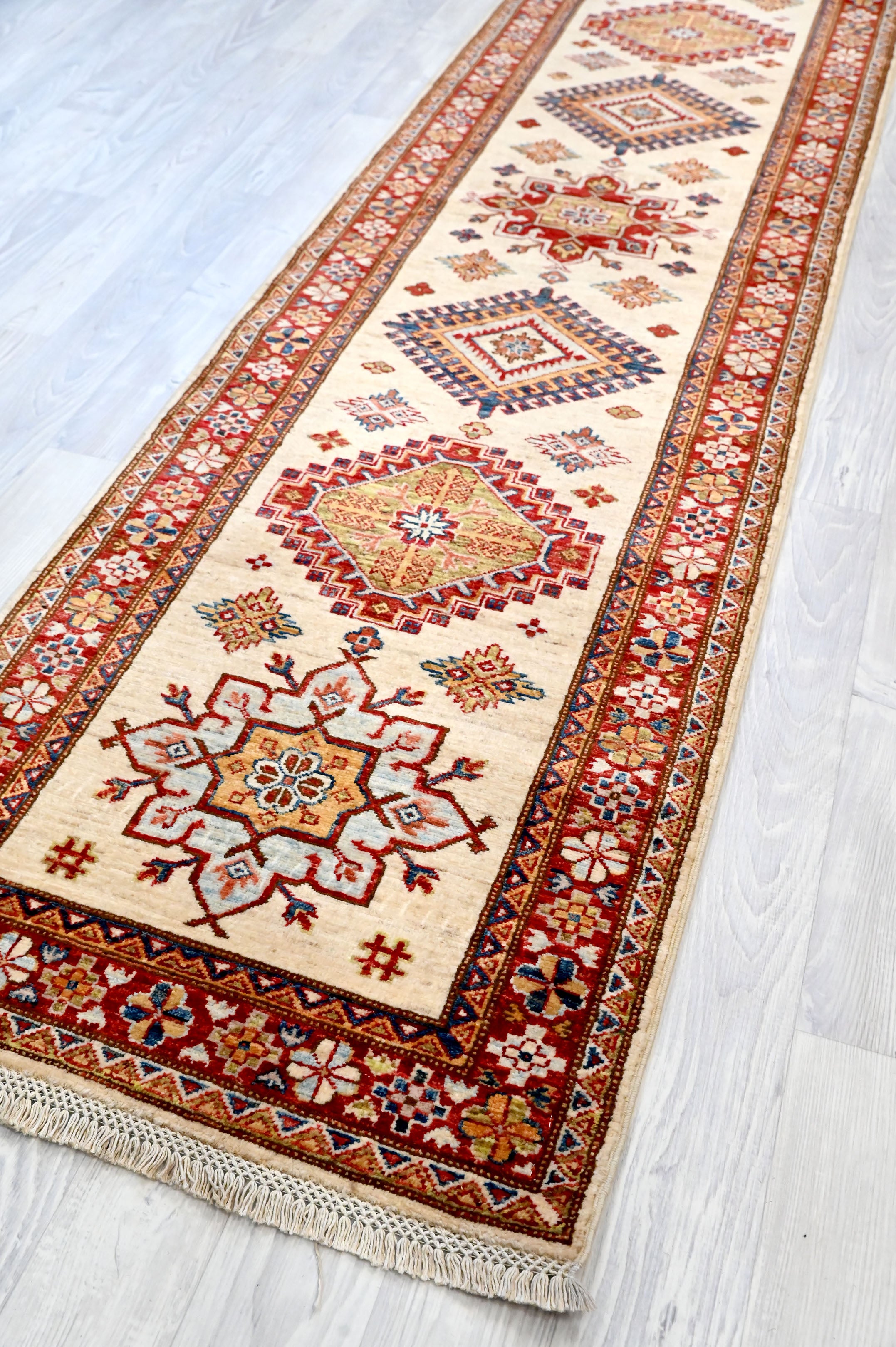 Cream Afghan Super Kazak Wool Runner 308cm x 78cm