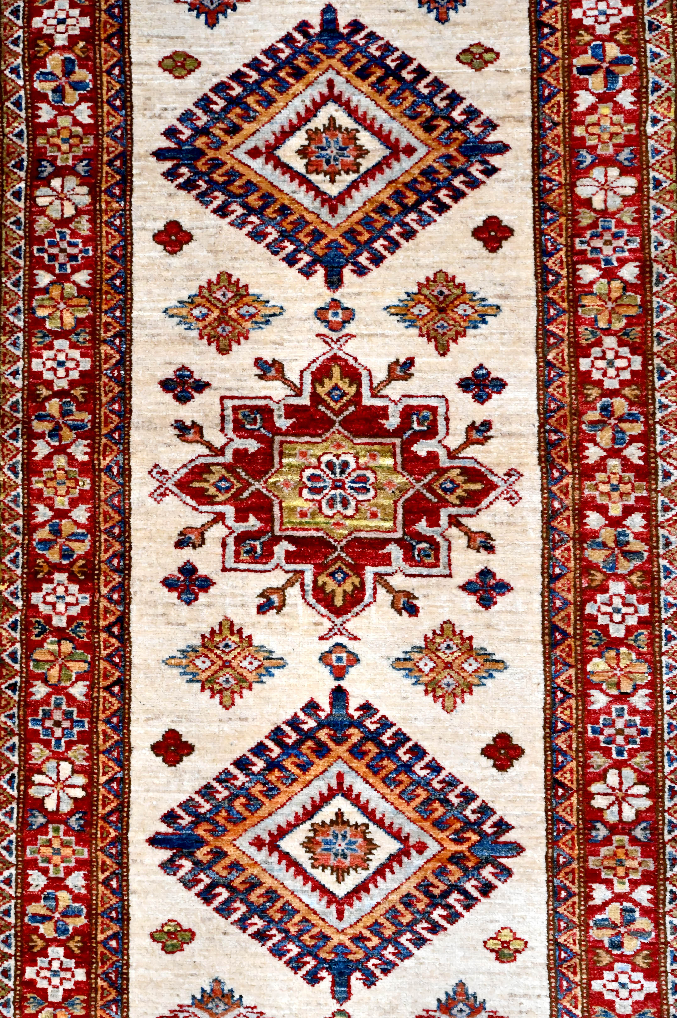 Cream Afghan Super Kazak Wool Runner 308cm x 78cm