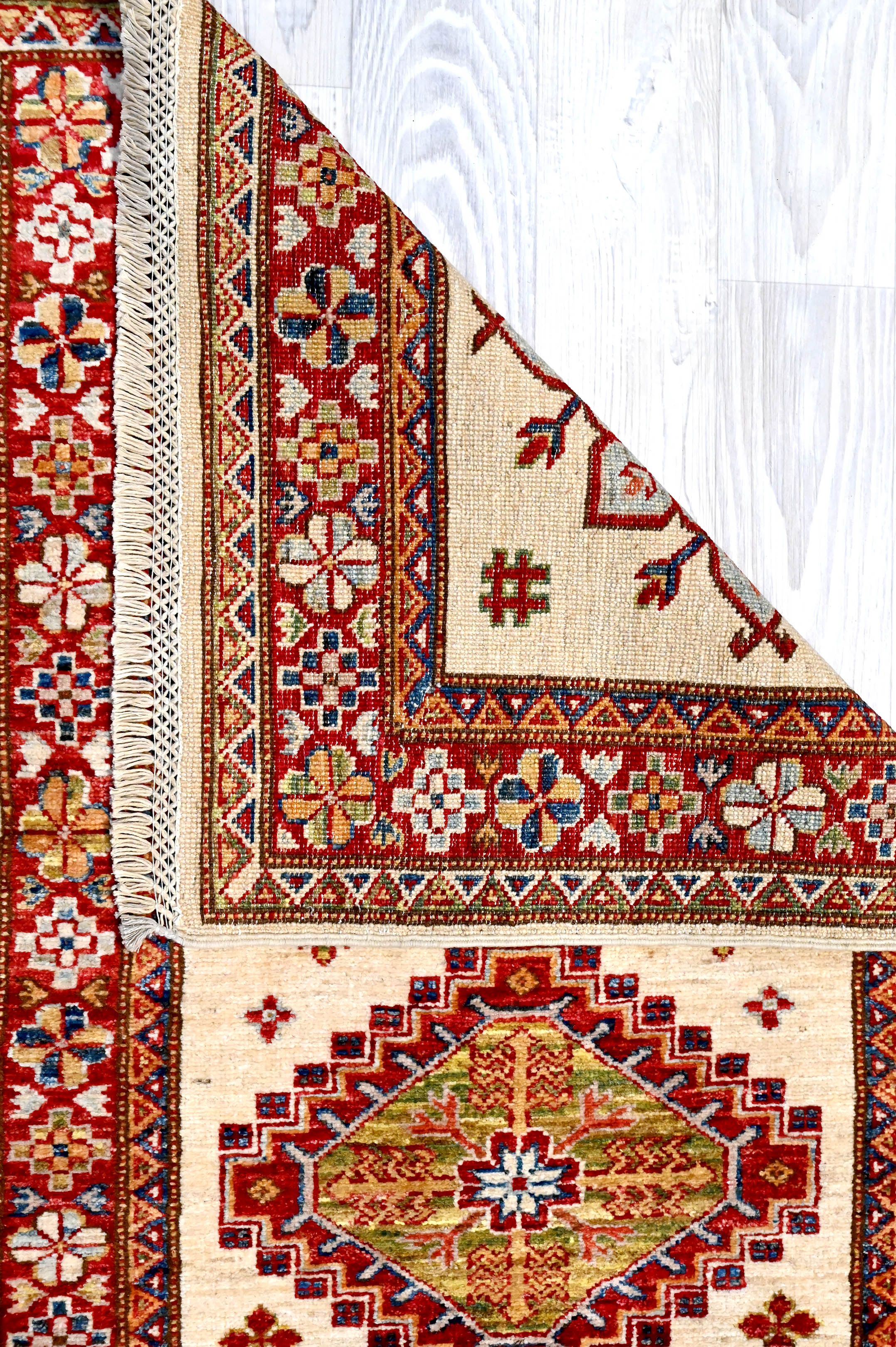 Cream Afghan Super Kazak Wool Runner 308cm x 78cm