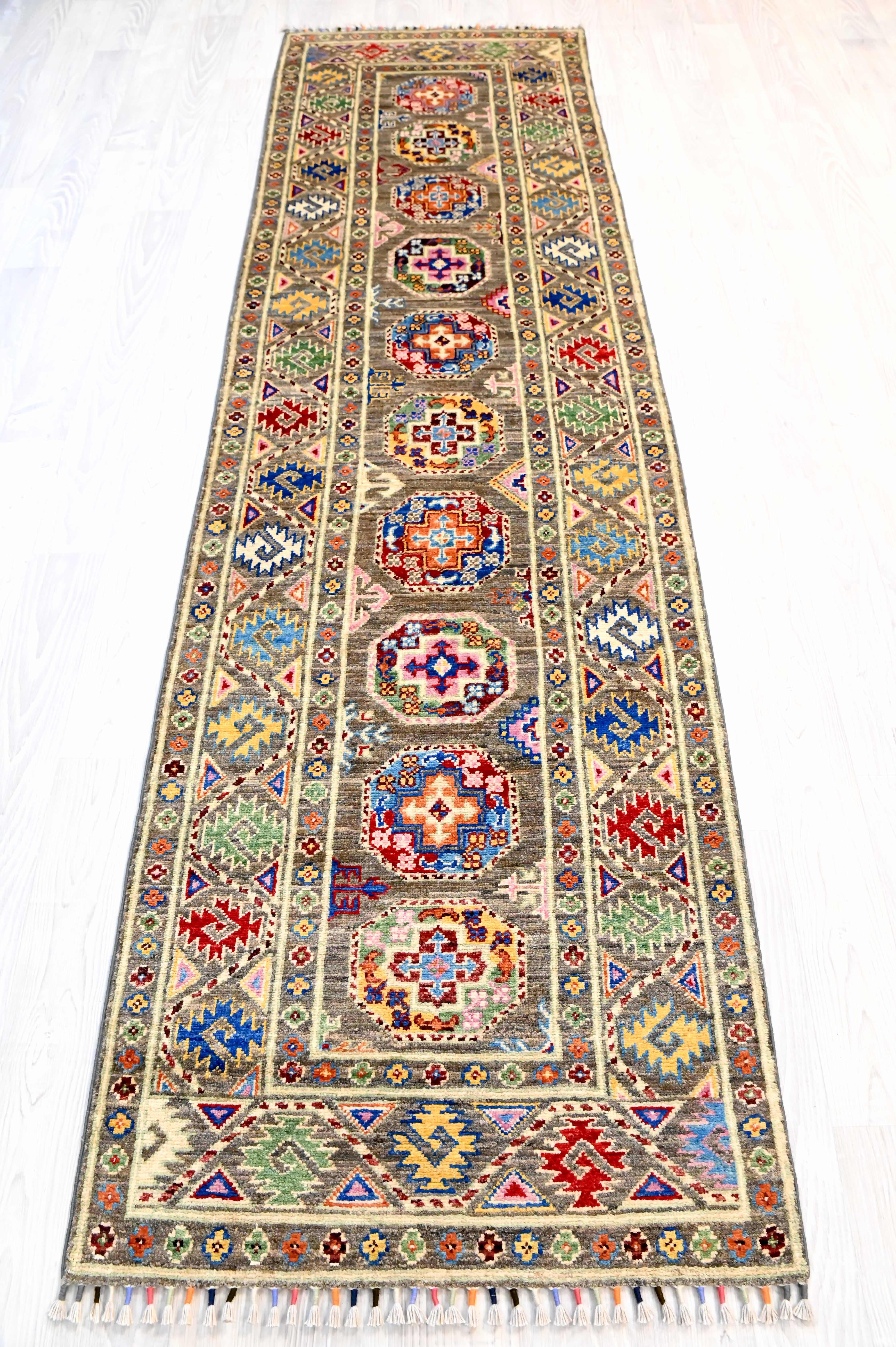 Grey Afghan Filpa Khurjin Wool Runner 289cm x 80cm