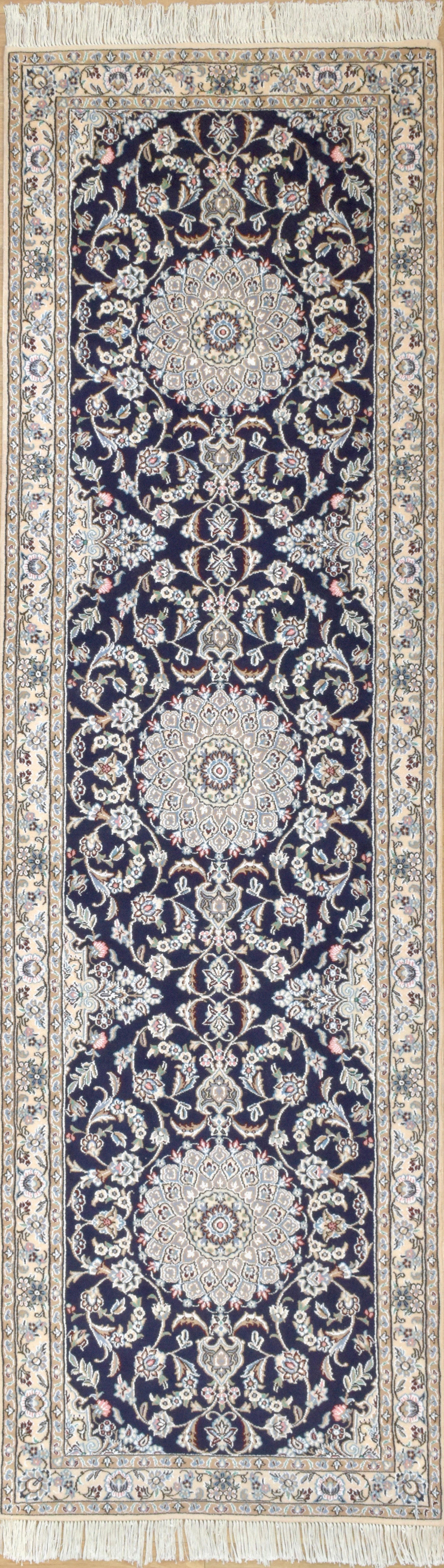 Navy Persian Nain Silk n Wool  Runner 300cm x 90cm