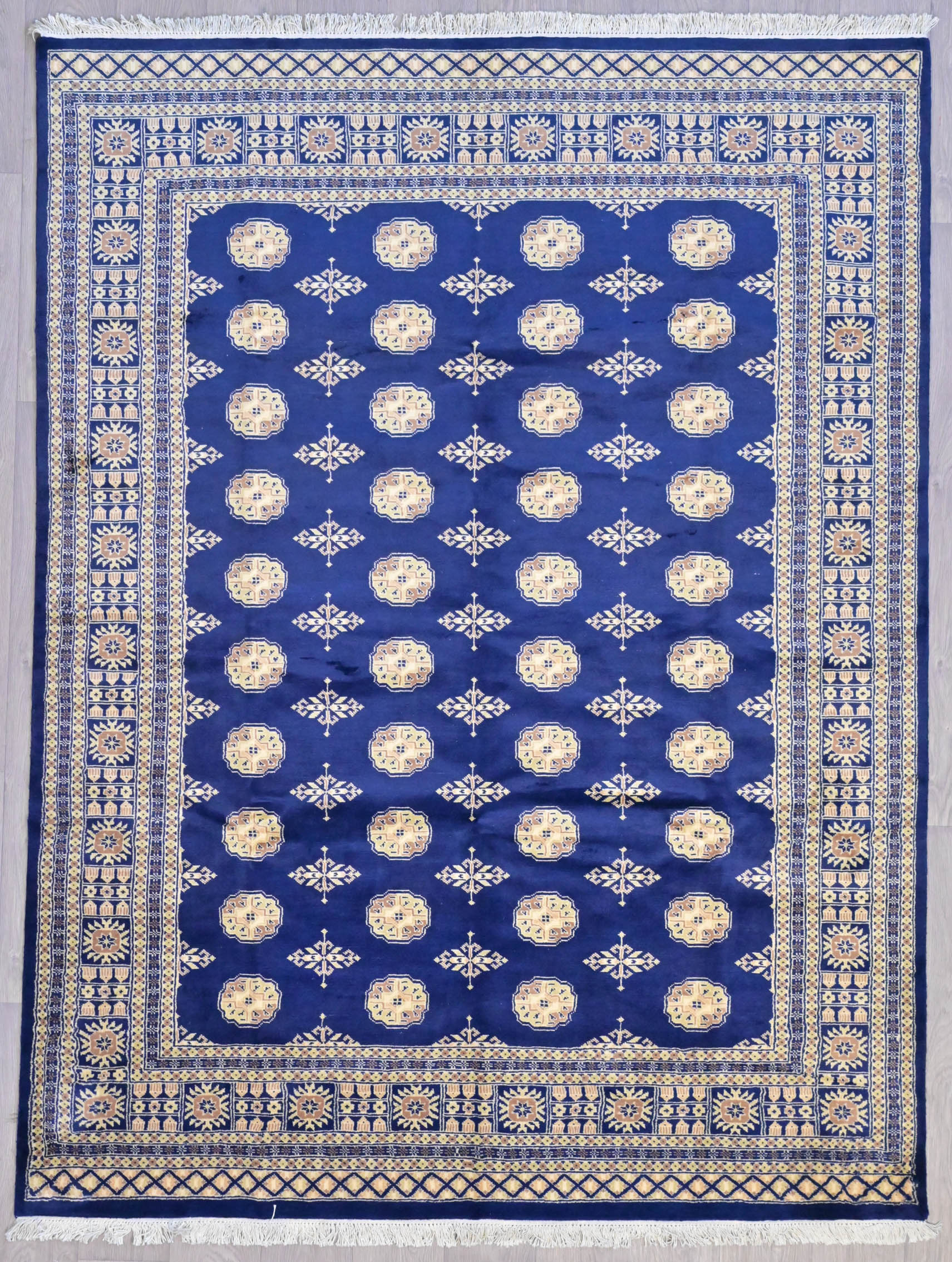 Handwoven Woollen Pakistani Princess Bukhara Rug w/ Navy and Cream Tones - 260H x 196W