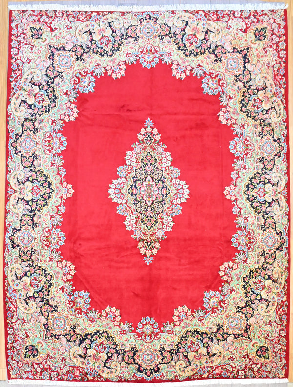 Finely Handwoven Persian Kerman w/ Red Center and Multicoloured Border Tones - 397H x 303W