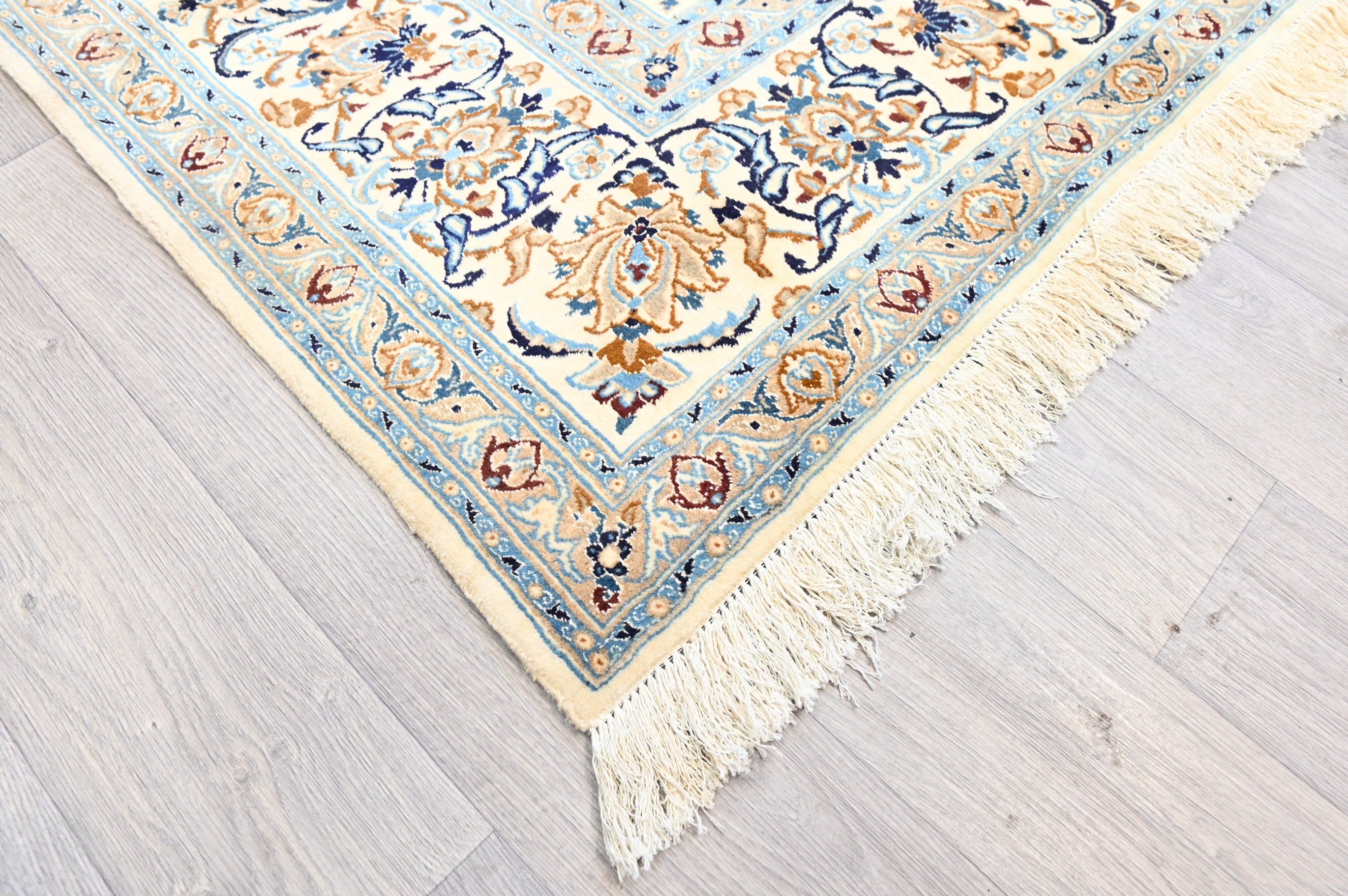 Vintage Handwoven Silk and Wool Persian Nain w/ Blue, Brown and Cream Tones - 404H x 297W