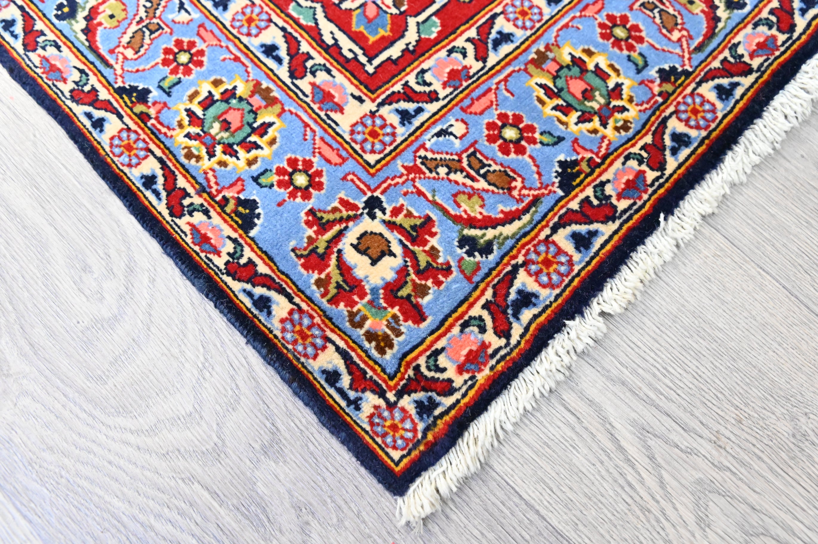 Very Finely Handwoven Thin Pile Woollen Persian Kashan w/ Rare colours of Navy, Deep Red and Blue - 432cm x 300cm