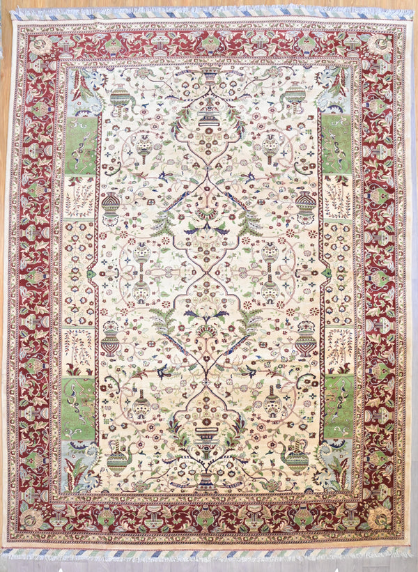 Rare Treasure Design Handwoven Chobi Rug w/ Red, Green and Cream Tones - 397H x 298W