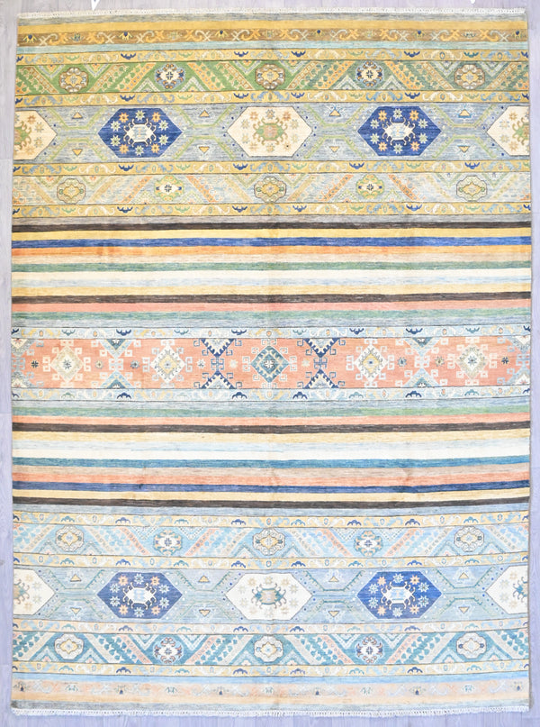 Handknotted Veg Dye Chobi Rug w/ Faded Multicoloured Tones - 365H 270W