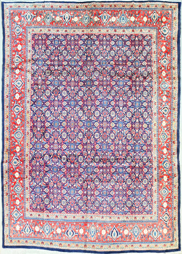 Handknotted Pure Wool Vintage Persian Sarough All-over Design w/ Navy and Red tones - 380H x 270W