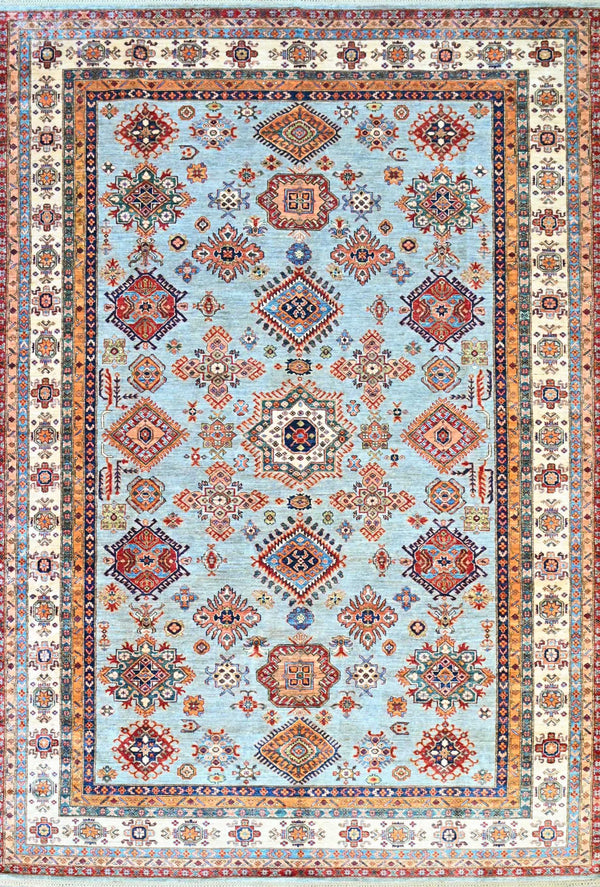 Finely Handwoven Pure Wool Afghan Super Kazak Rug w/ Geometric Design and Ice Grey Tones  Size - 379H x 271W