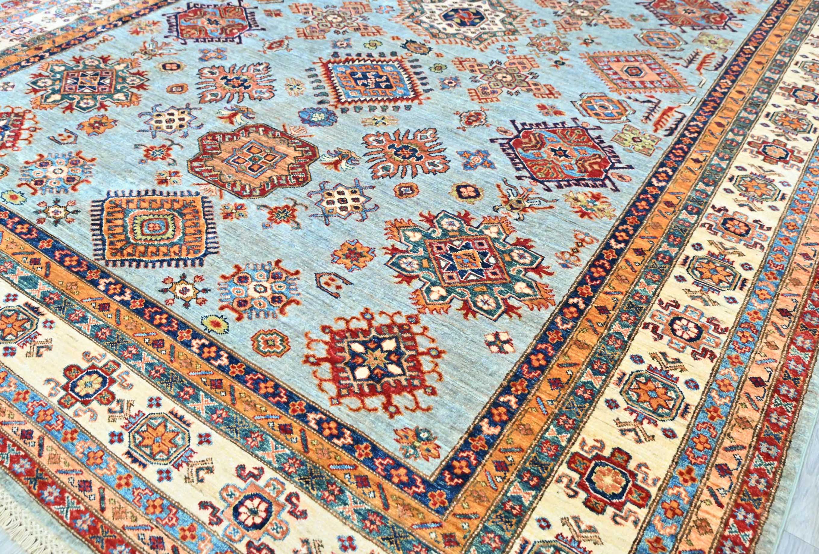 Finely Handwoven Pure Wool Afghan Super Kazak Rug w/ Geometric Design and Ice Grey Tones  Size - 379H x 271W