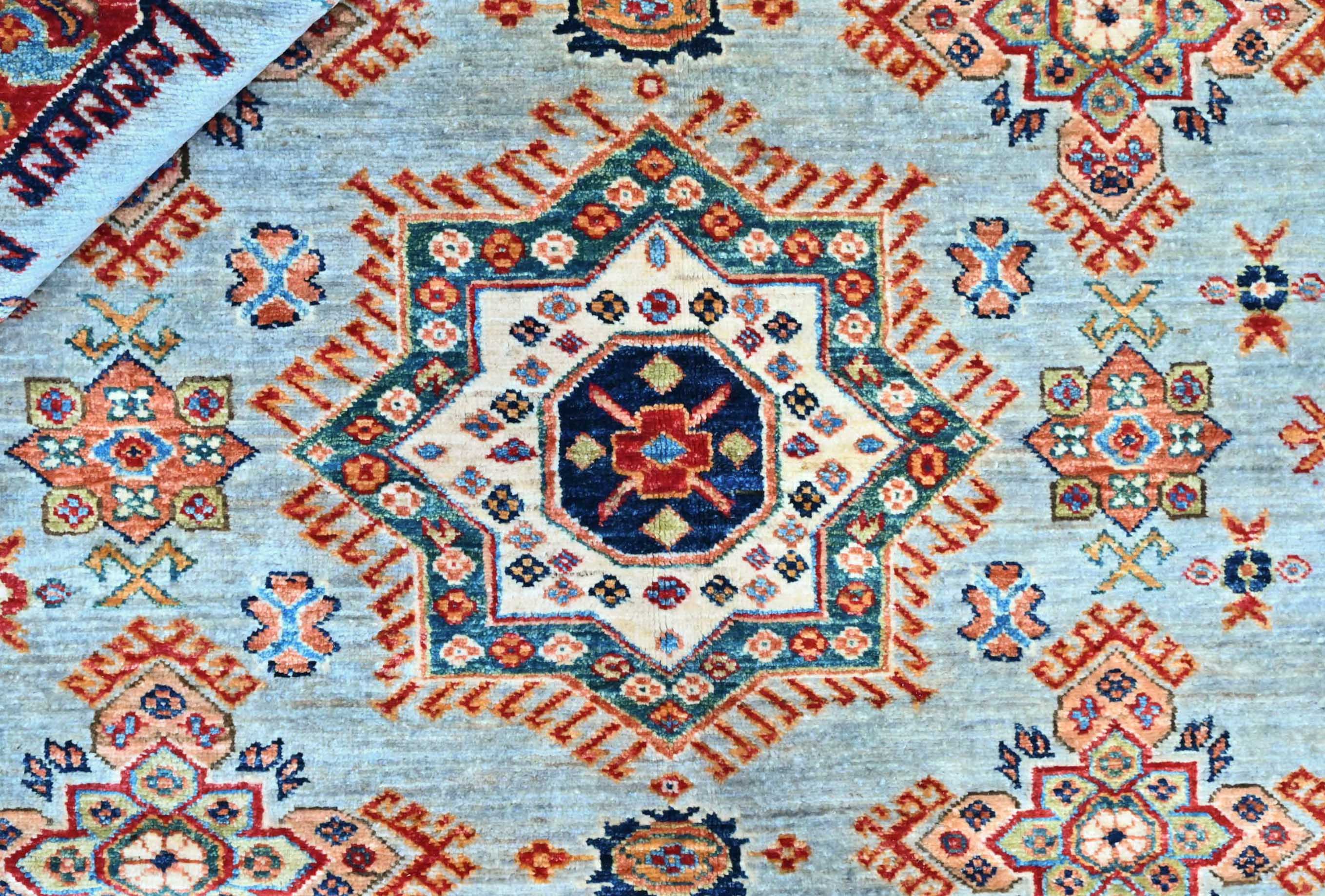 Finely Handwoven Pure Wool Afghan Super Kazak Rug w/ Geometric Design and Ice Grey Tones  Size - 379H x 271W