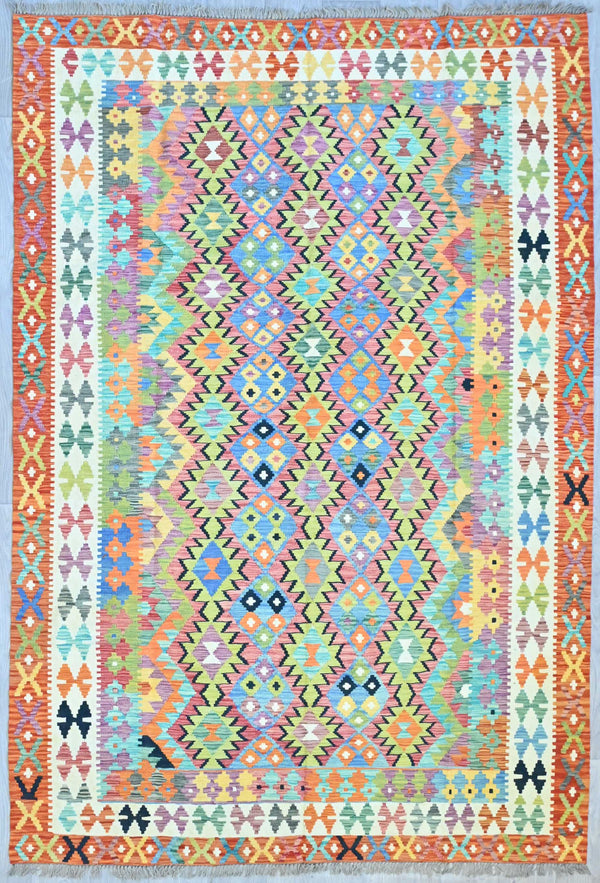 Handwoven Pure Wool Boho Kilim w/ Terracotta and Multicolour Tones - (290H x 200W) 3227