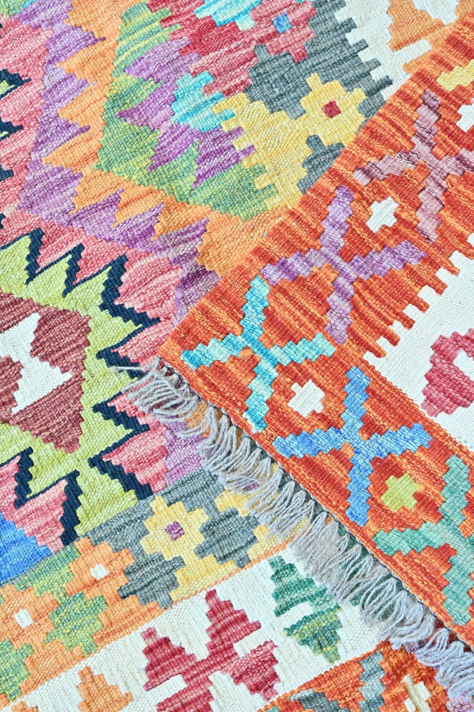 Handwoven Pure Wool Boho Kilim w/ Terracotta and Multicolour Tones - (290H x 200W) 3227