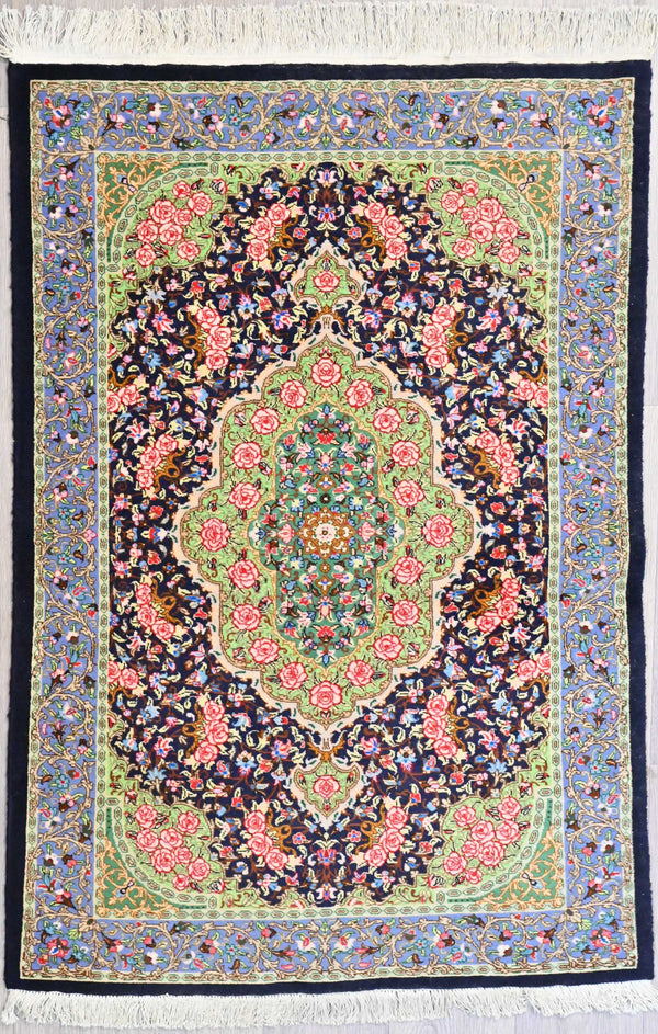 Very Finely Handwoven Persian Masterpiece Isfahan Rug w/ Navy Blue and Green Tones - (147H x 97W)