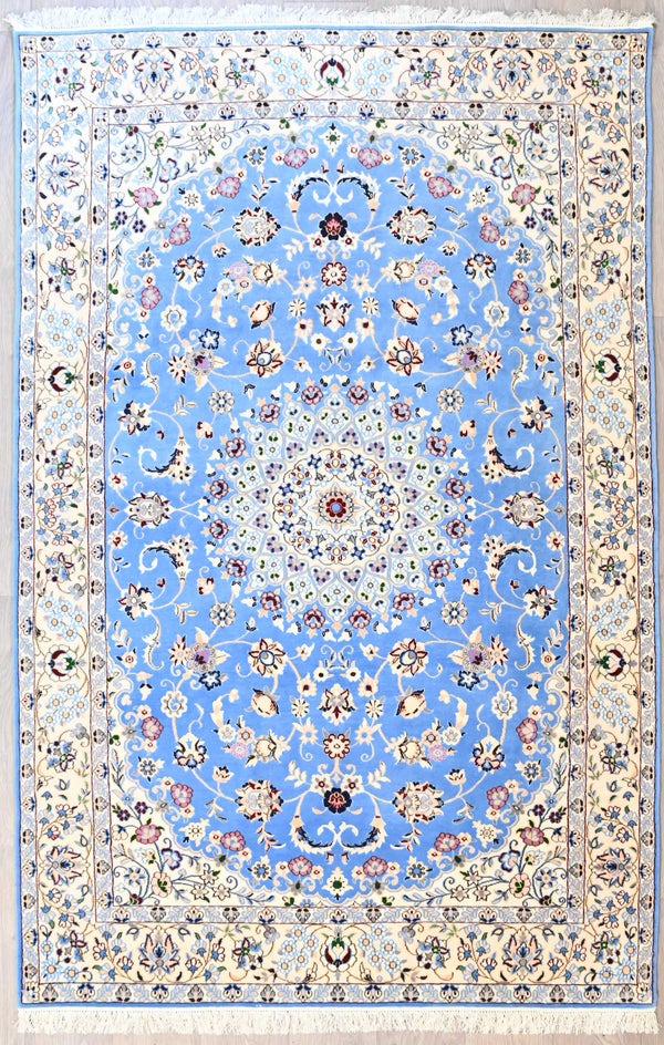 Blue and White Silk and Laid Persian Rug - 227 x 146 cm