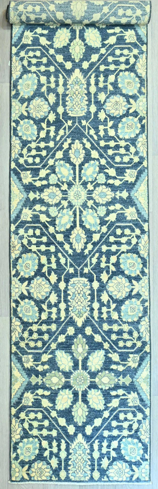 Handwoven Pure Wool Chobi Runner with Floral Design and Blue Tones - (318H x 75W)