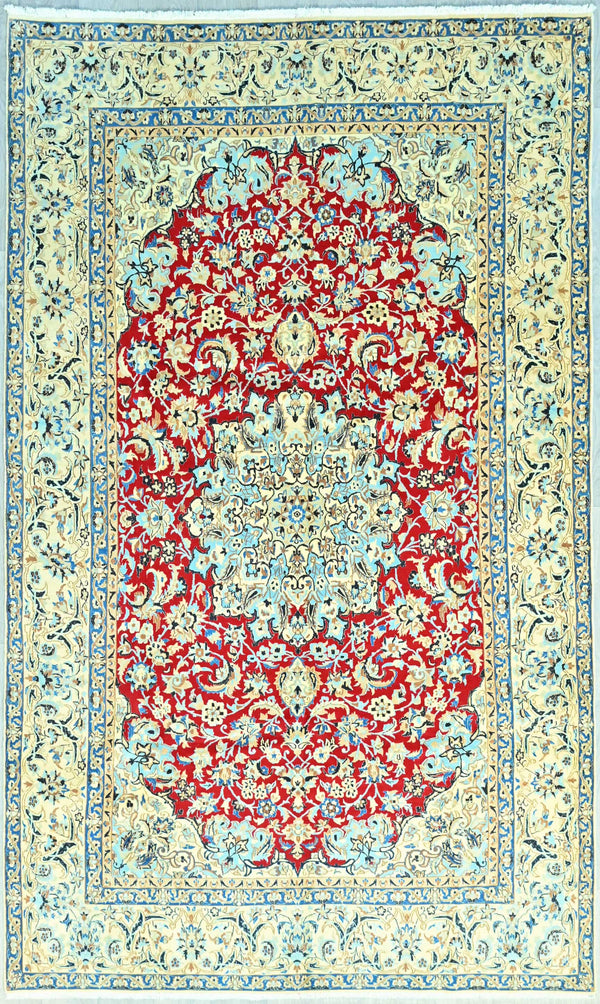 Vintage Finely Handwoven Silk and Lay Persian Nain w/ Blue and Red Tones - (333H x 203W)