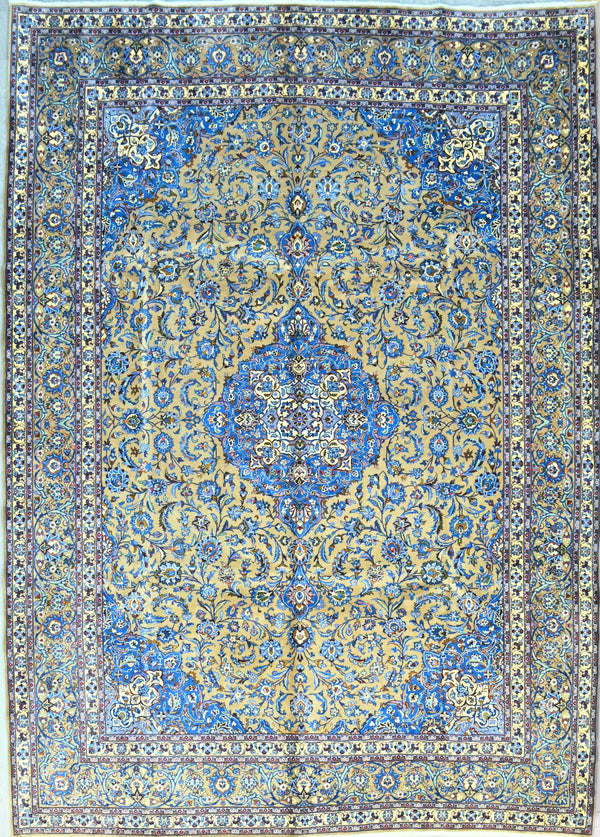 Rare Coloured Thick Pile Handknotted Persian Kashmar rug w/ Taupe and Blue Tones - (400H x 300W)