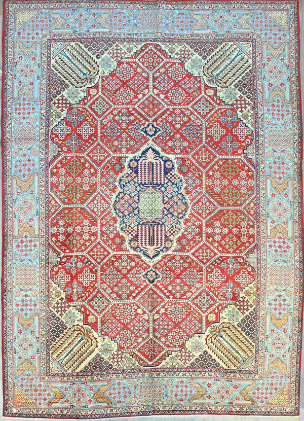 XL Vintage Handknotted Pure Wool Persian Tabriz Rug w/ Light Blue and Red Tones - (435H x 318W)