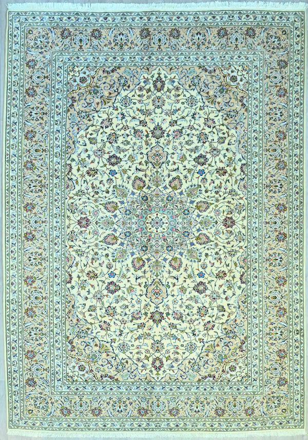 Pure Wool Handknotted Persian Kashan w/ Green and Cream Tones - (340H x 243W)