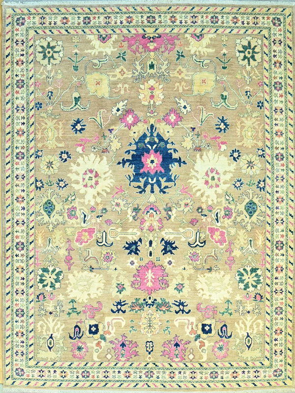 Finely Handknotted Pure Wool Vegetable Dye Chobi Oushak Design w/ Beige, Navy and Magenta Tones - (395H x 297W)