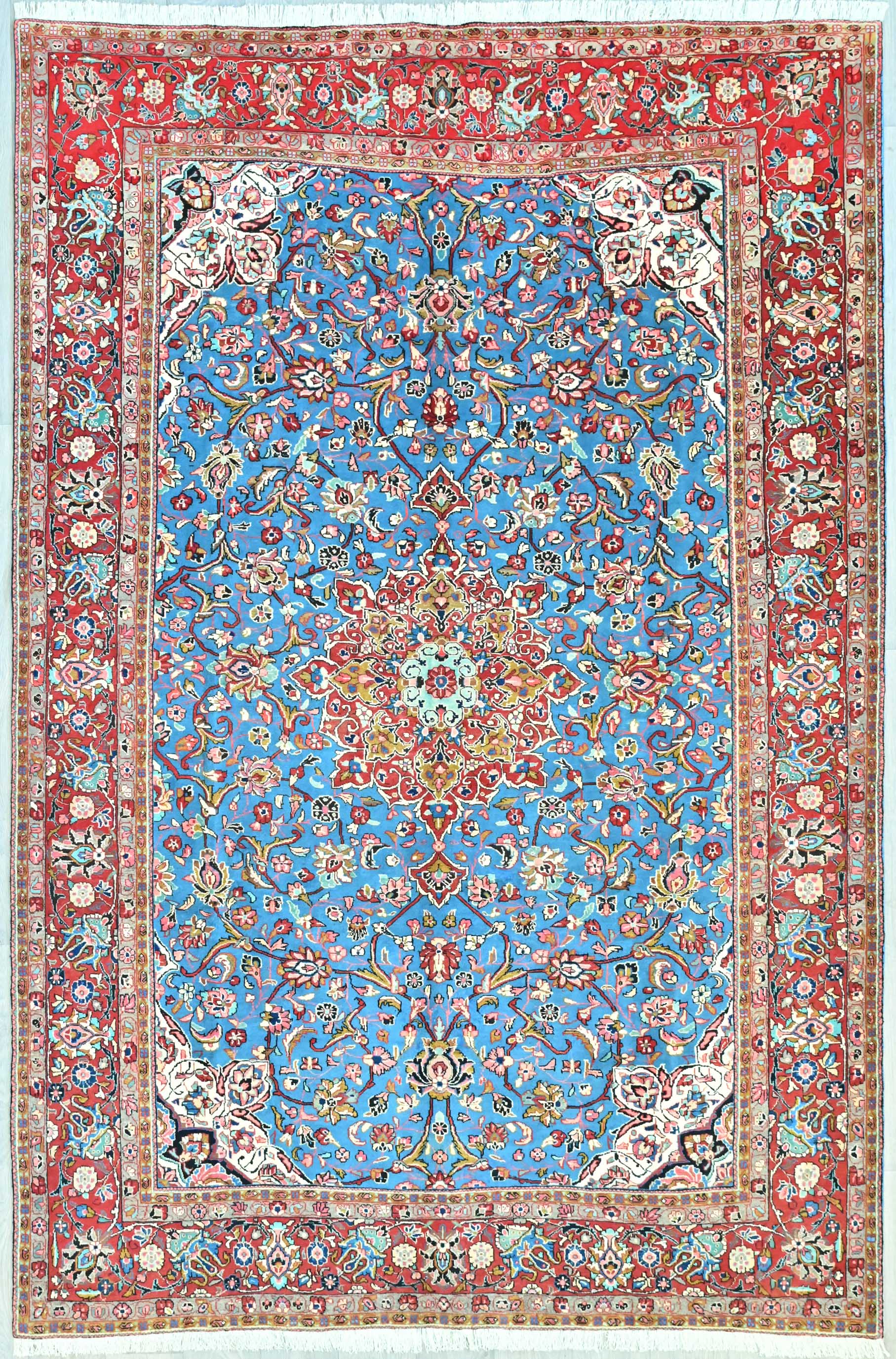 Handknotted Pure Wool Persian Tabriz Rug w/Blue and Deep Red Tones - (332H x 220W)
