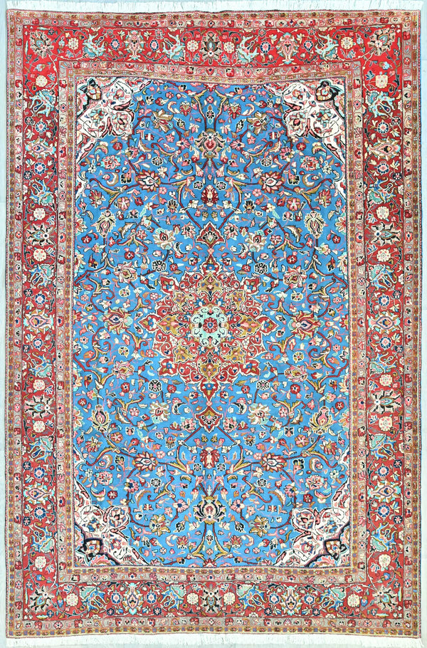 Handknotted Pure Wool Persian Tabriz Rug w/Blue and Deep Red Tones - (332H x 220W)