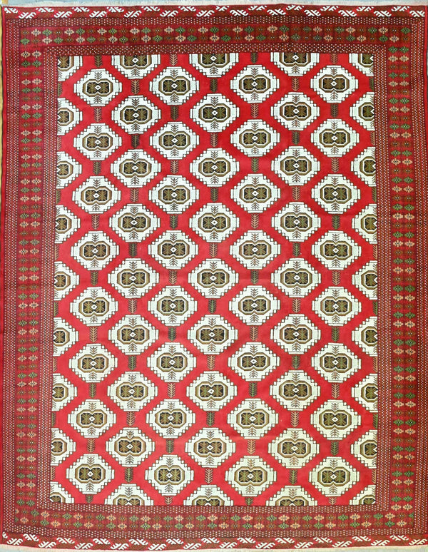Handknotted Pure Wool Persian Turkoman Bukhara Rug w/ Red and Cream Tones - (375H x 310W)