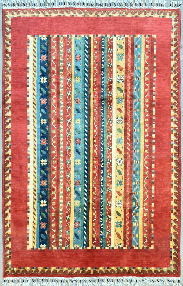 Pure Wool Handknotted Afghan Aryana Chobi Rug w/ Red and Mutlicolour Stripey Tones - (298H x 184W)